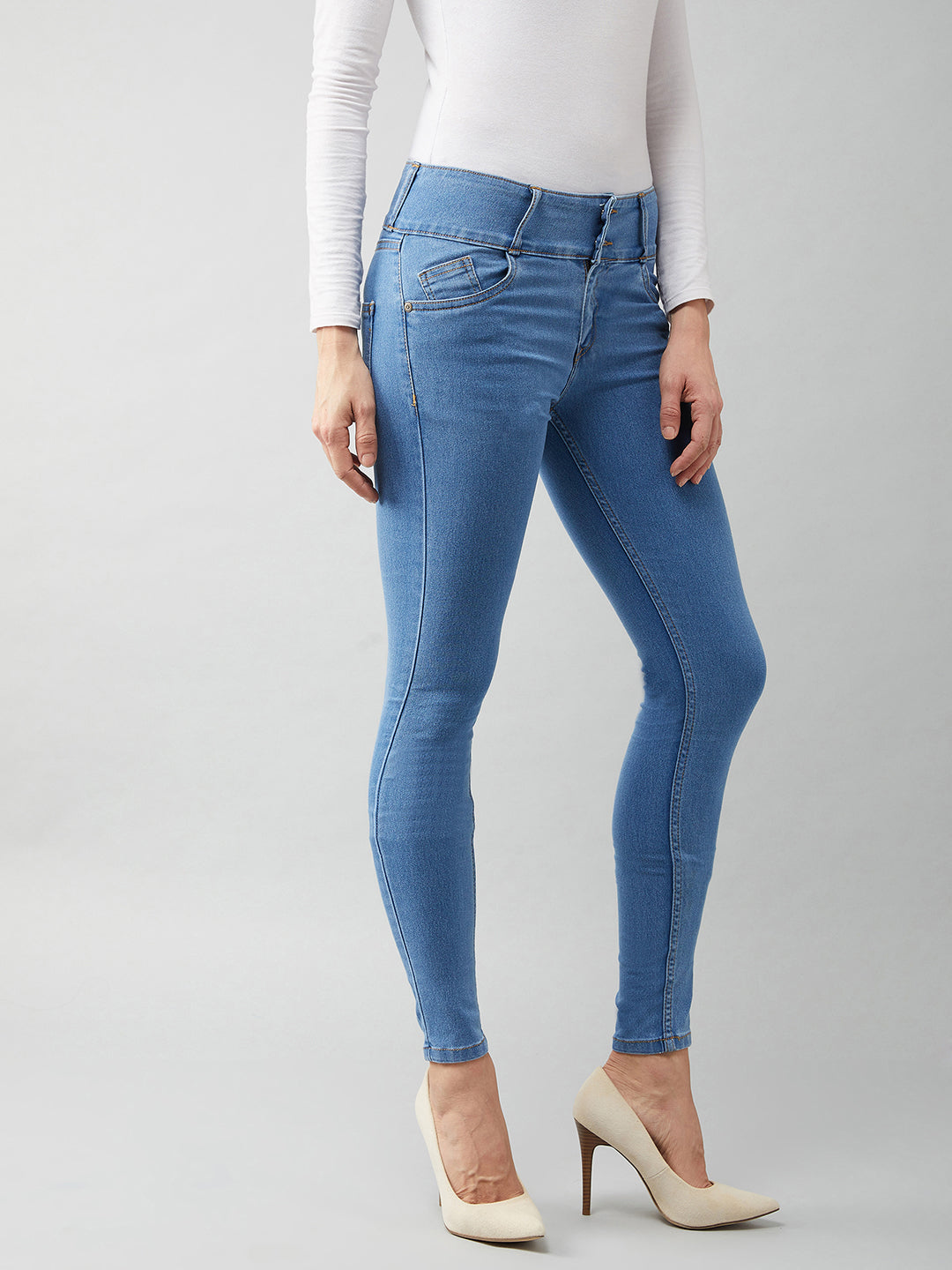Women's Blue Skinny-Fit High-Rise Ice-Wash Stretchable High-Rise Denim Jeans