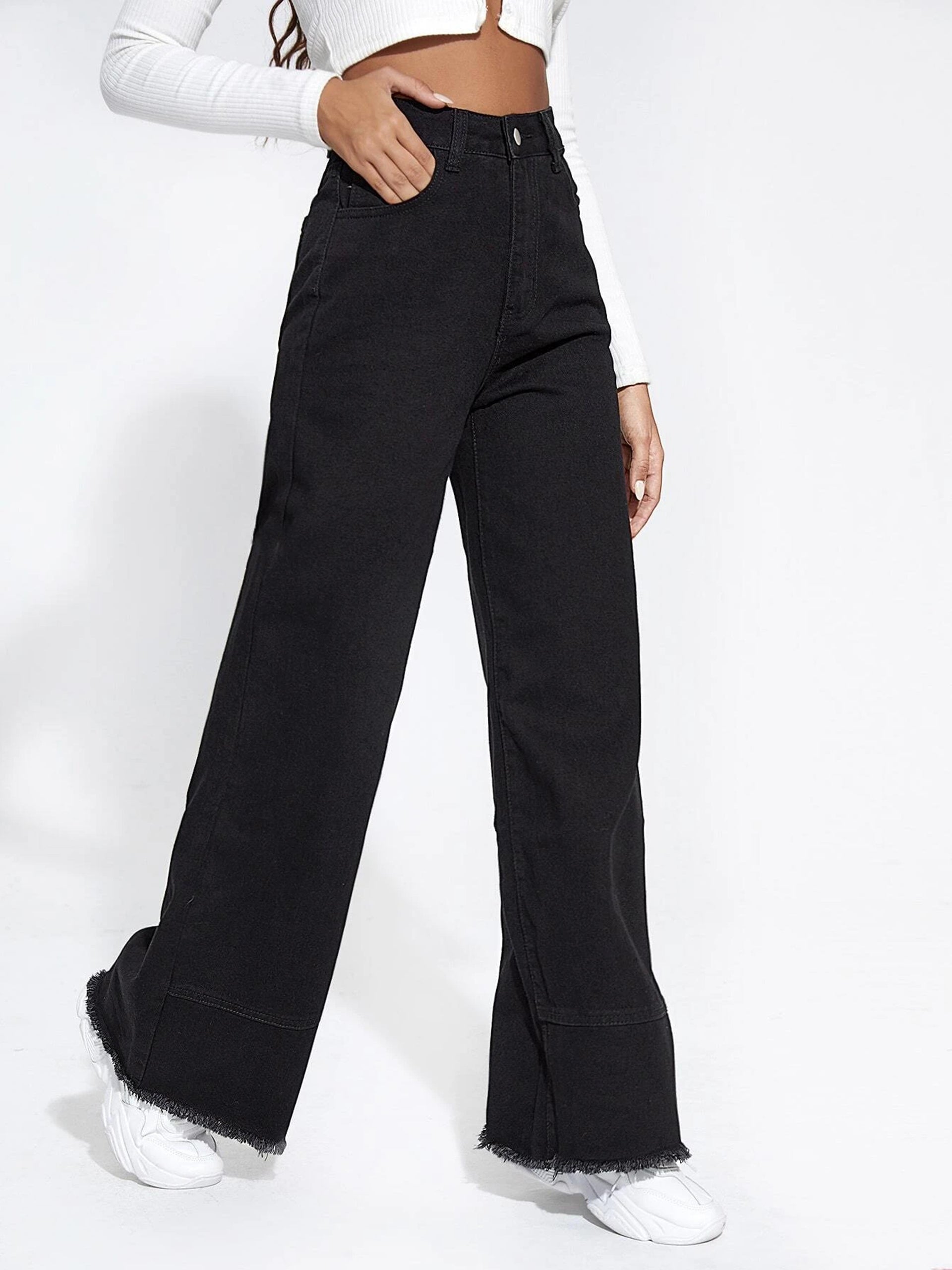 Women's Black Wide-Leg High-Rise Clean-Look Regular-Length Stretchable Denim Jeans