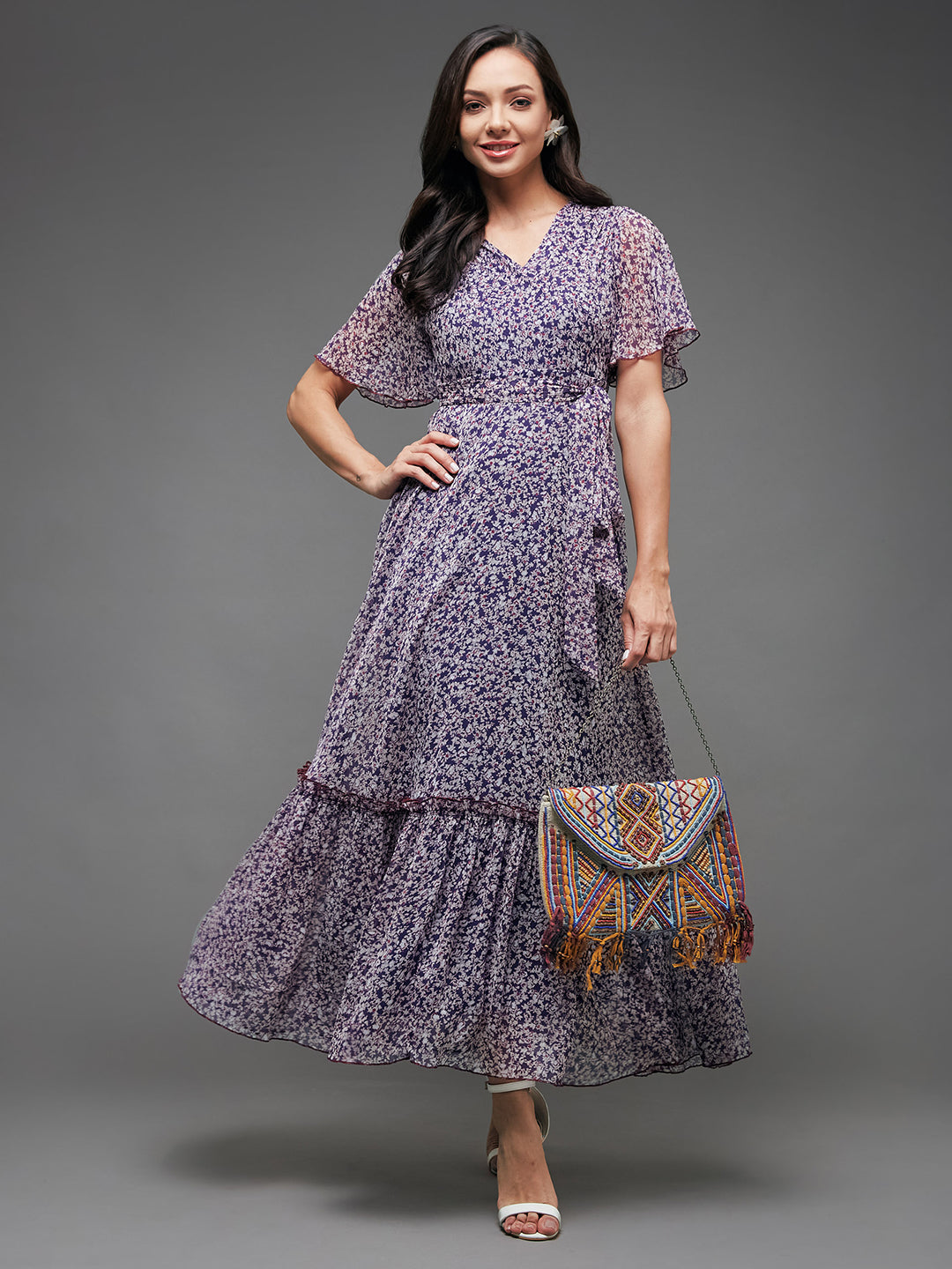 Purple Floral Printed Flutter Sleeves Maxi Dress Long Dress Gown Frock for Women | The Summer Holiday Story