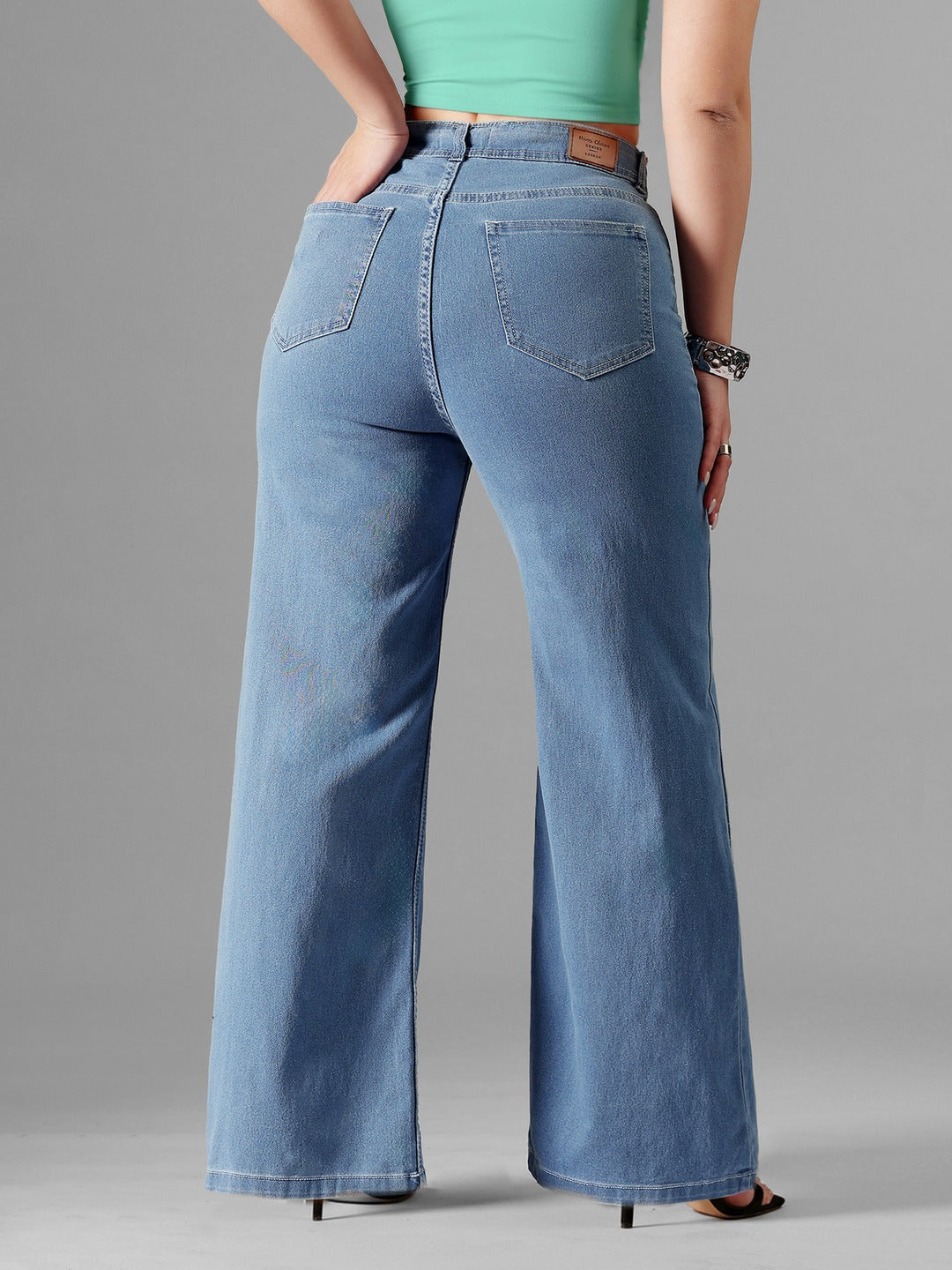 Blue Wide-Leg High-Rise Stretchable Denim Jeans for Women