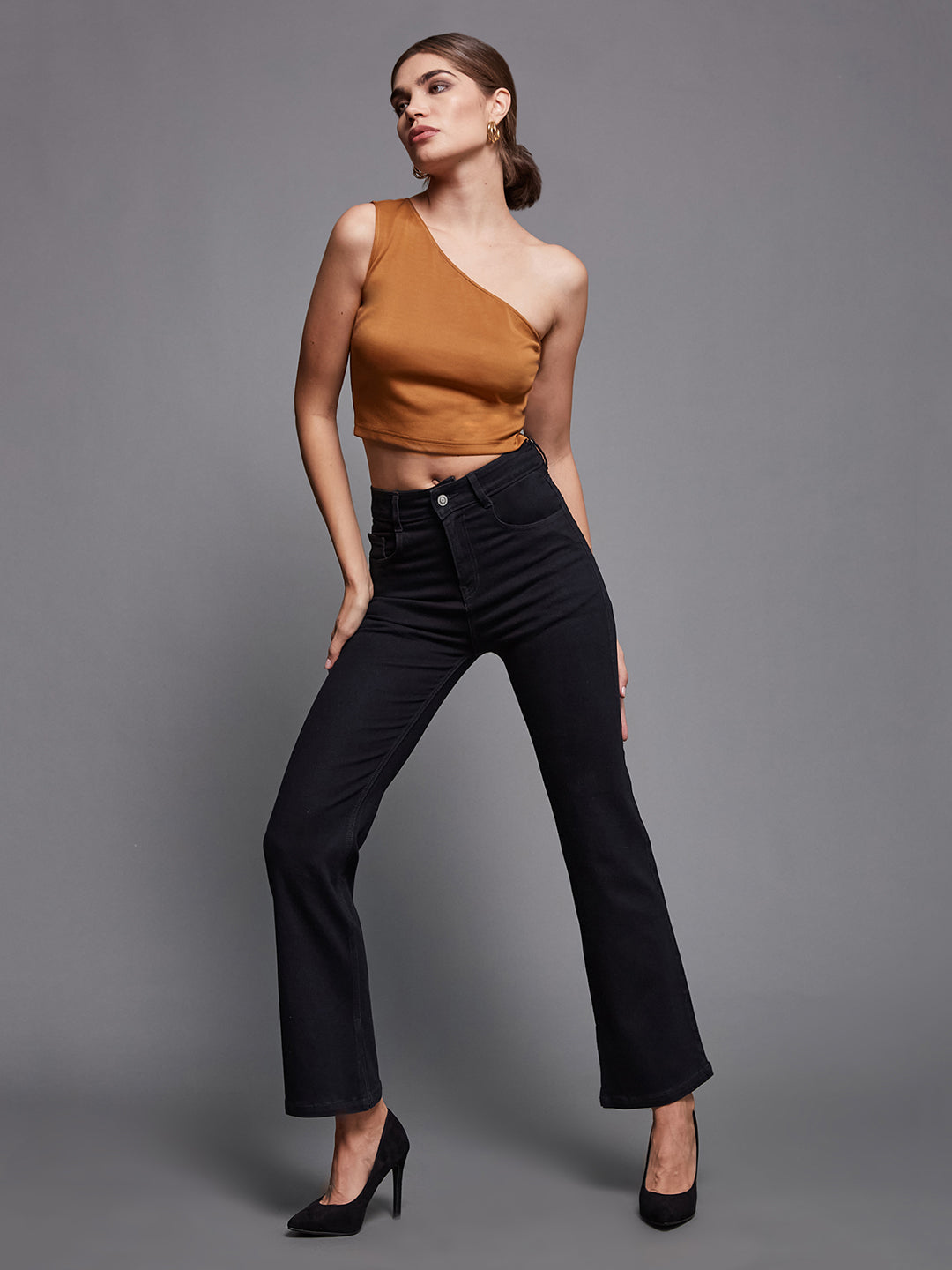 24/7 Comfort Black Bell-Bottom Bootcut High-Rise Stretchable Denim Jeans