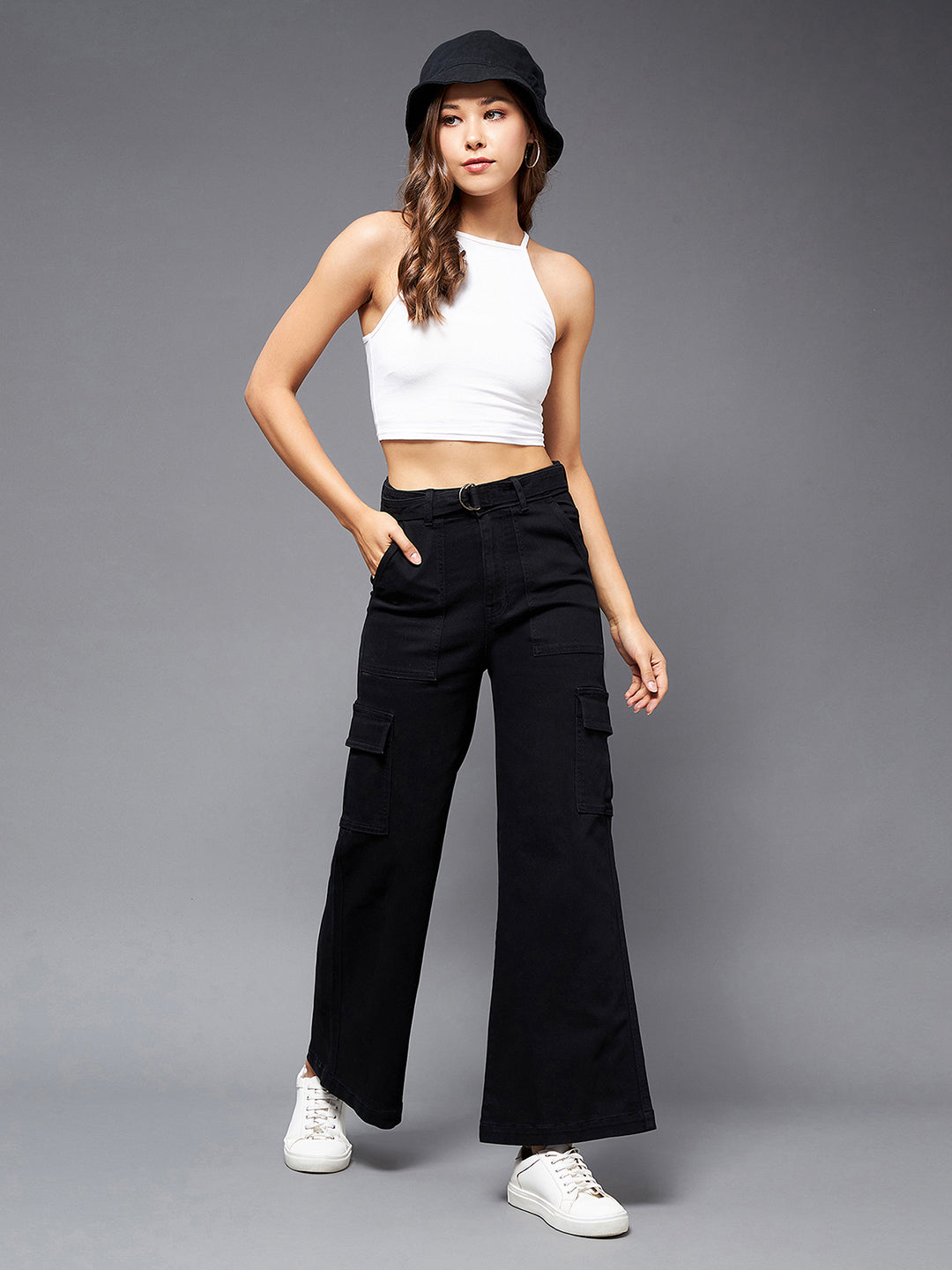Black Wide-Leg High-Rise Stretchable Denim Jeans for Women