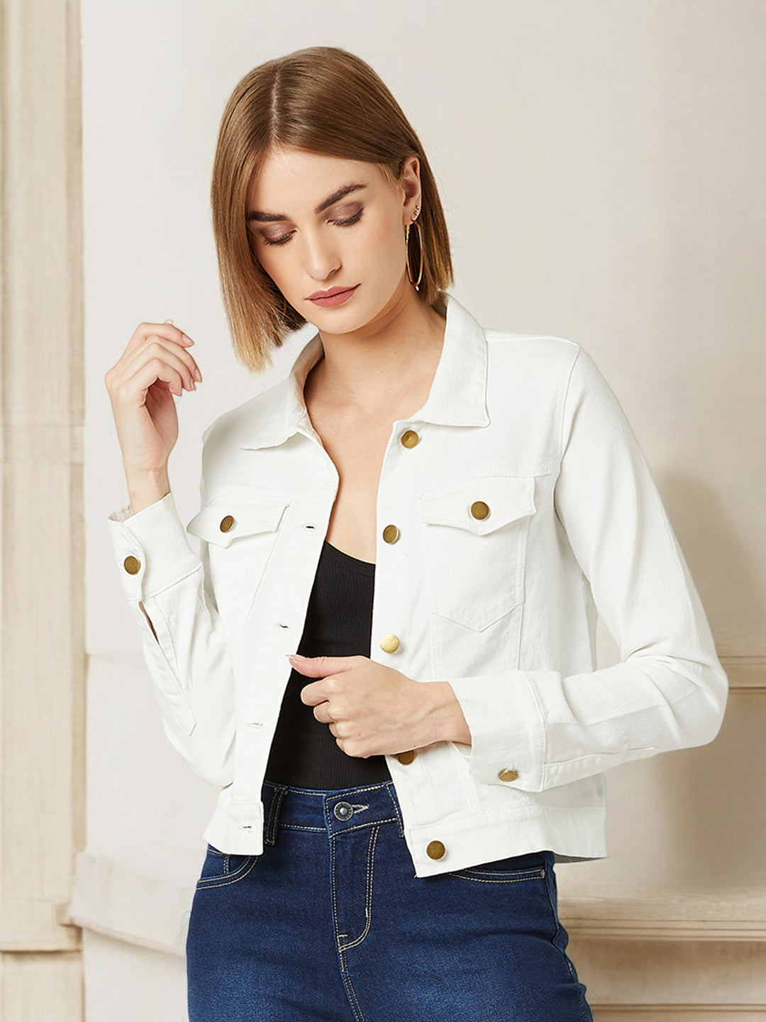 Women's White Polo Neck Full Sleeves Denim Solid Cropped Jacket