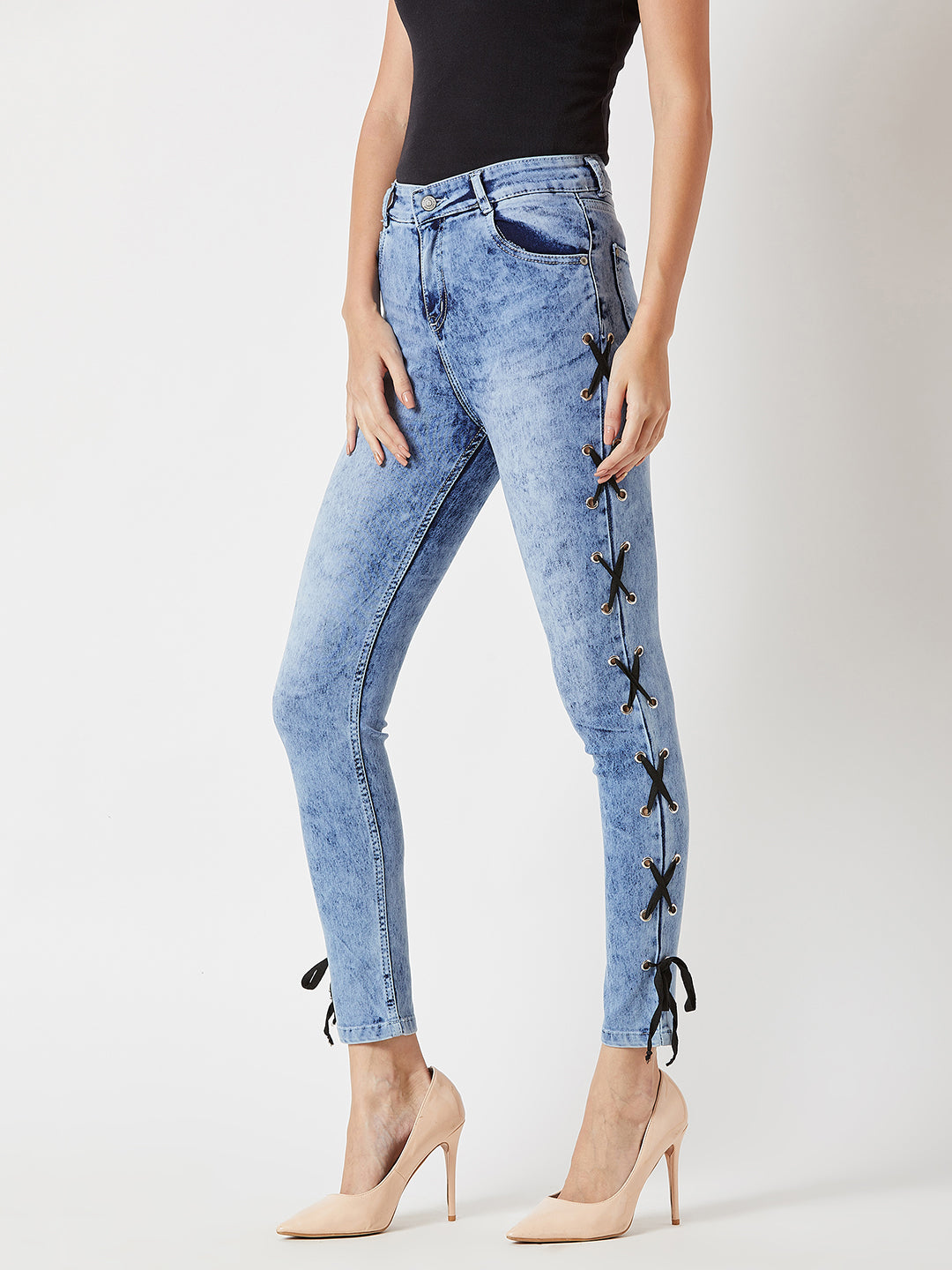 Women's Light Blue Slim-Fit High-Rise Twill tape and Eyelet detailing Stretchable Denim Jeans