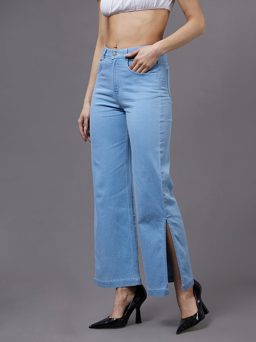 24/7 Comfort Light Blue Wide-Leg High-Rise Clean-Look Regular Stretchable Denim Jeans