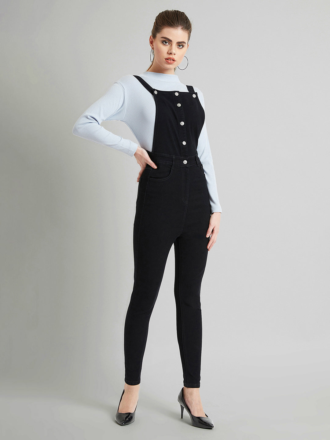 Women's Black Skinny High-Rise Stretchable Denim Dungaree