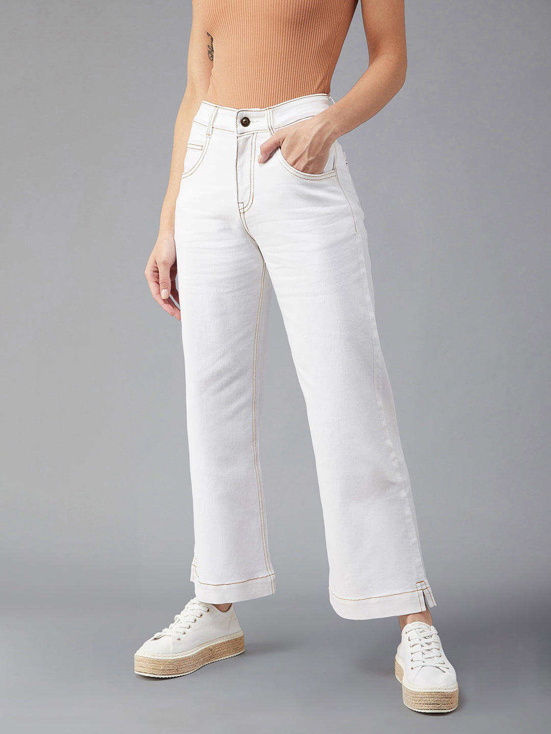 24/7 Comfort White Flared Mid-Rise Ankle length Stretchable Denim Jeans