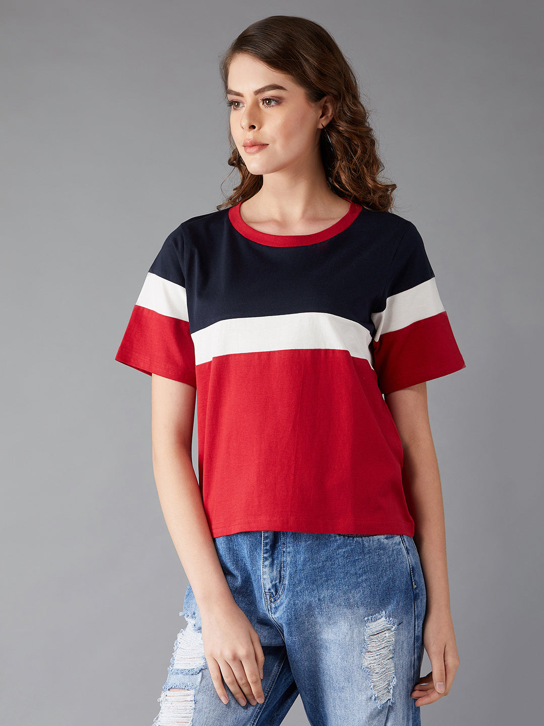 Women's Red Round Neck Half Sleeve Paneled Solid Regular T-Shirt