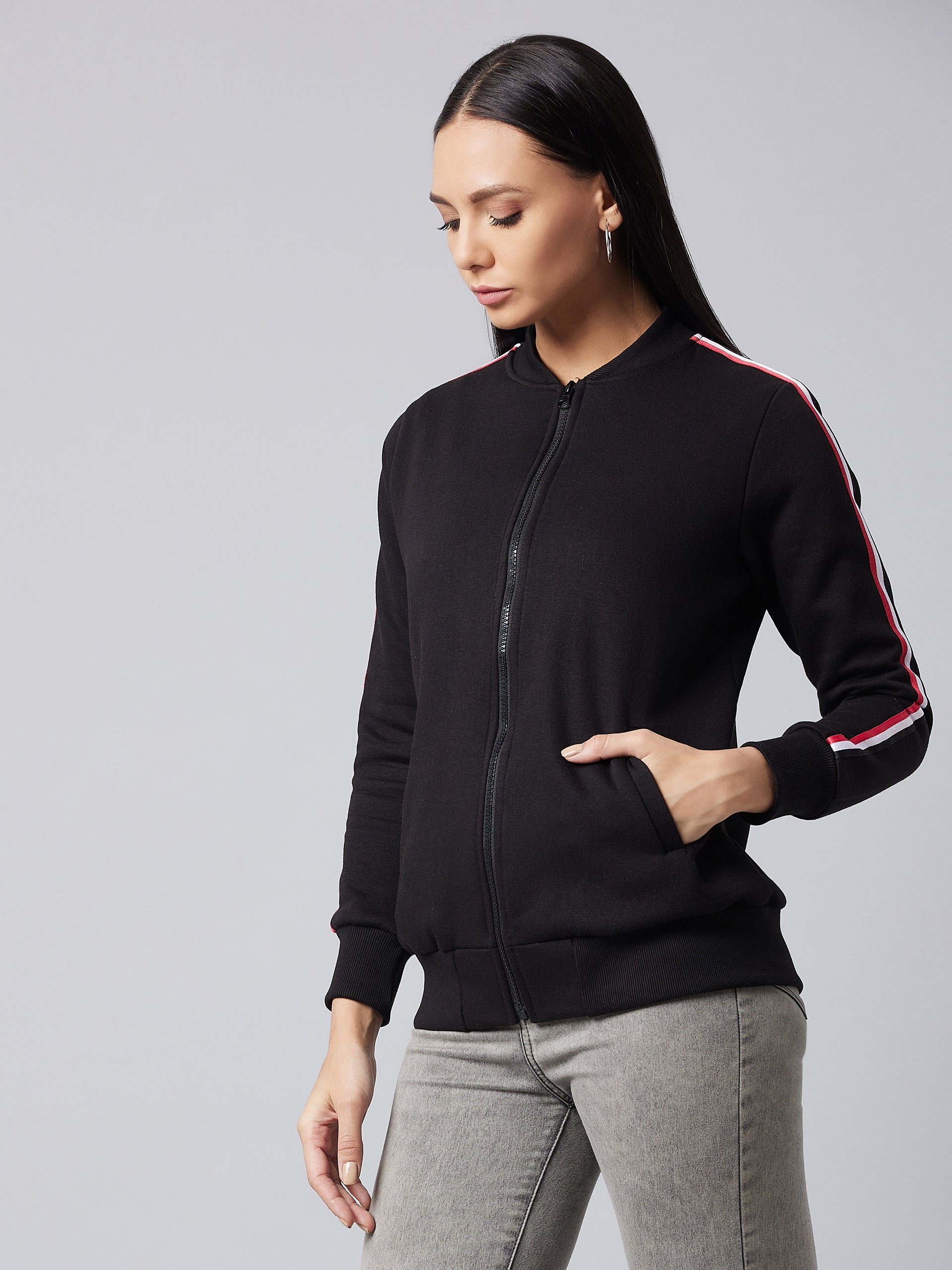 Women's Black V-Neck Full Sleeve Solid Bomber Regular Jacket