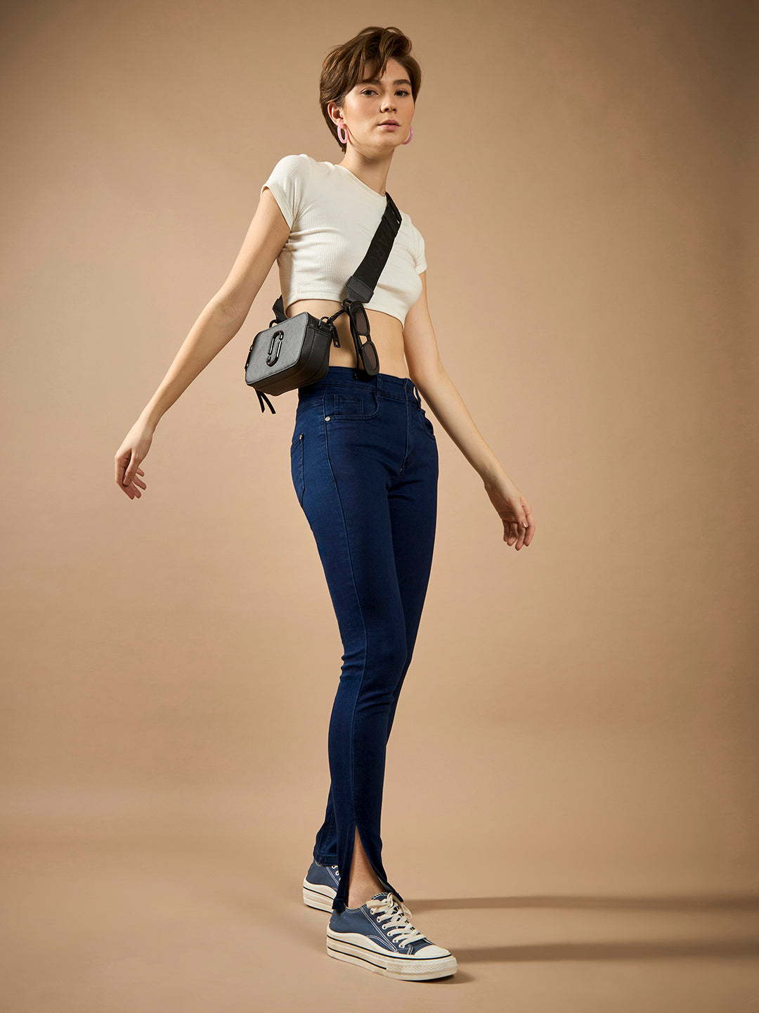 Women's Navy Blue Skinny-Fit Mid-Rise Cropped-Length Side-Slit Denim Stretchable Jeans