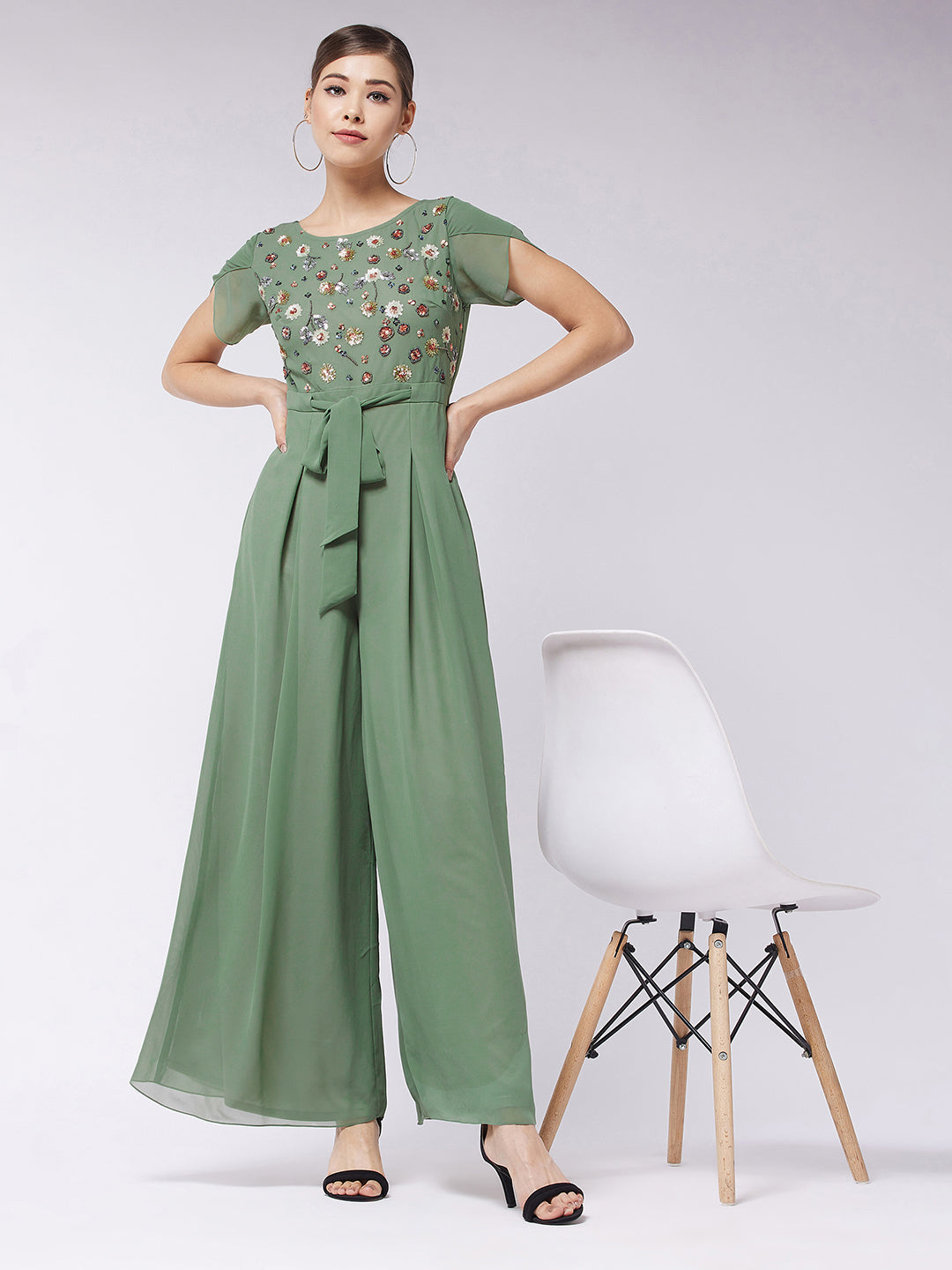 Women's Light Green Round Neck Tulip Sleeve Embroidered Pleated Regular Jumpsuit