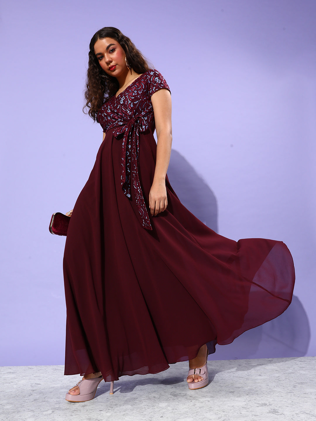 Wine Short Sleeves Wrap Fit and Flare Dress with Lace Belt for Women Wine Short Sleeves Wrap Fit and Flare Dress with Lace Belt for Women