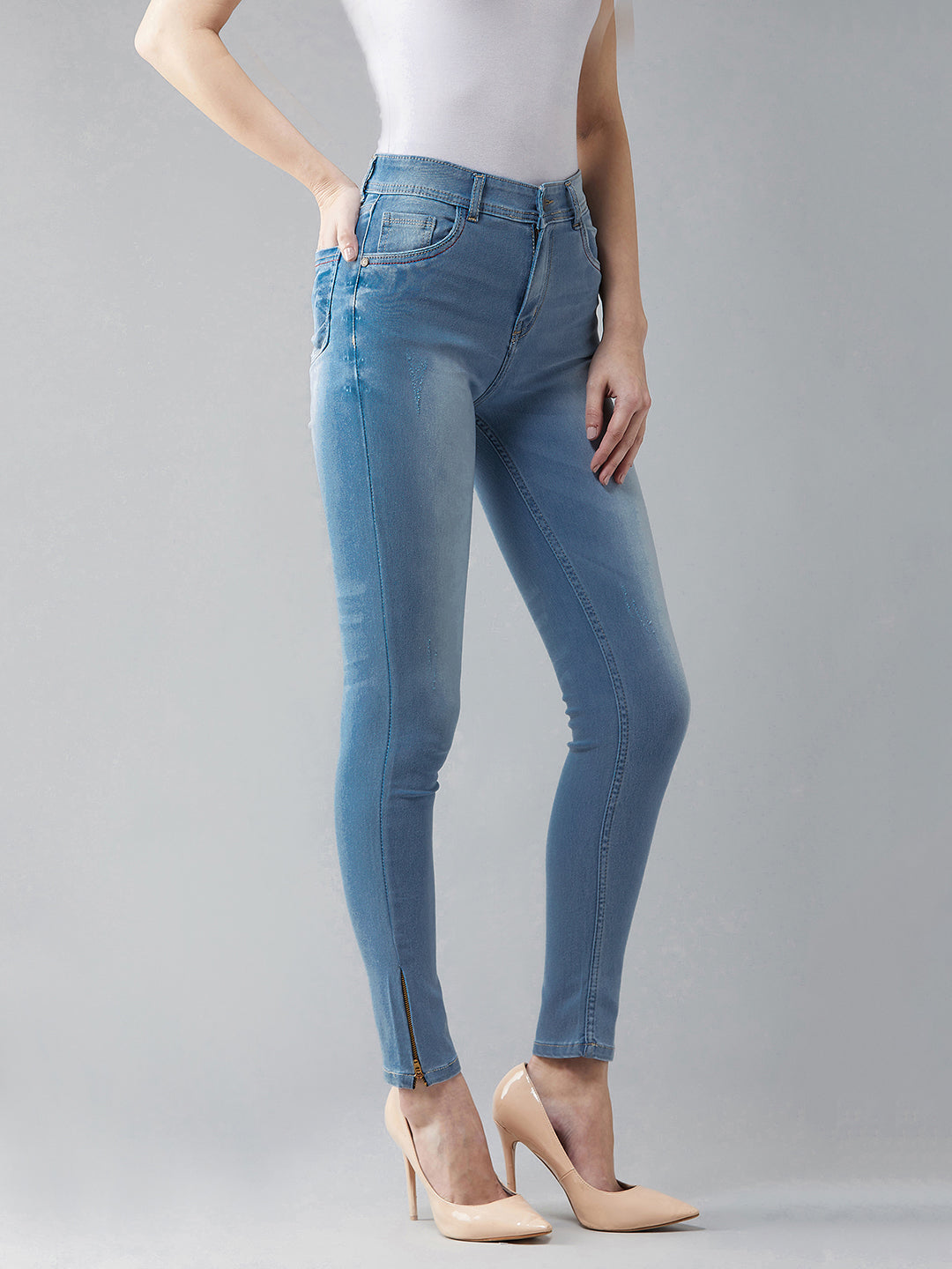 Women's Blue Skinny-Fit High-Rise Zipper Detailing Scraped Stretchable Denim Jeans