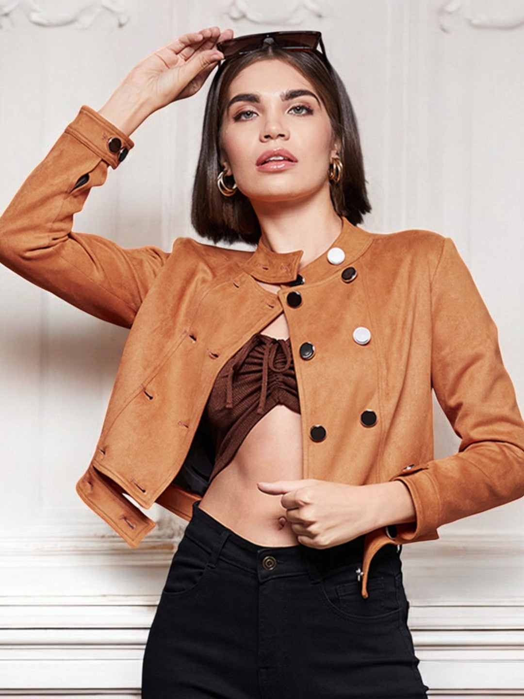 Women's Burnt Orange Mandarin Collar Full-Sleeve Solid Double Breasted Cropped Polyester Jacket