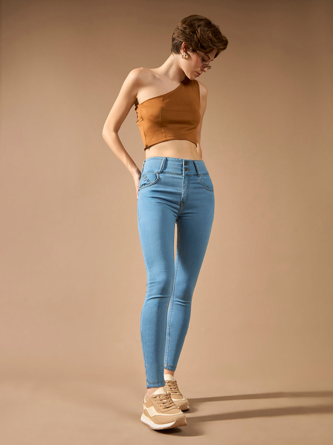 Women's Blue Skinny-Fit High-Rise Clean-Look Regular-Length Ice Wash Stretchable High Waist Denim Jeans