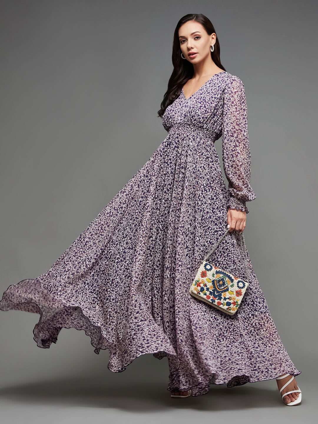 Women's Multicolored-Base-Purple V-Neck Bishop Sleeve Floral Gathered Chiffon Maxi Dress