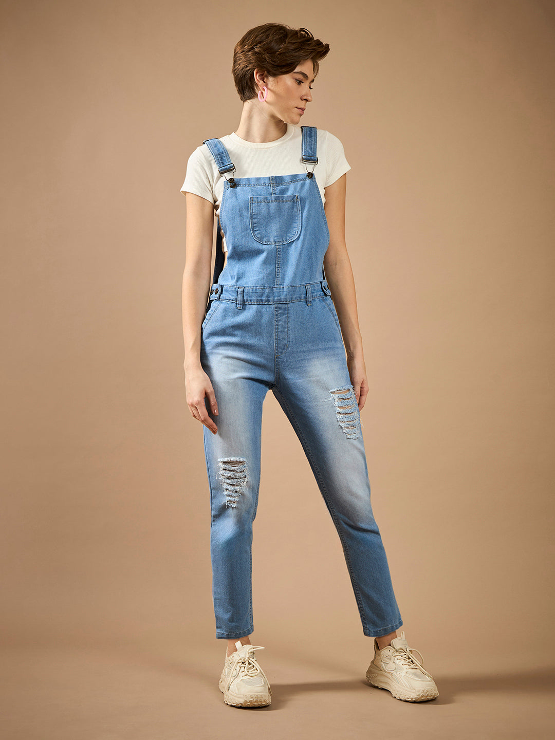 Women's Light Blue Regular Fit Mid-Rise Regular-Length Ripped Denim Dungaree