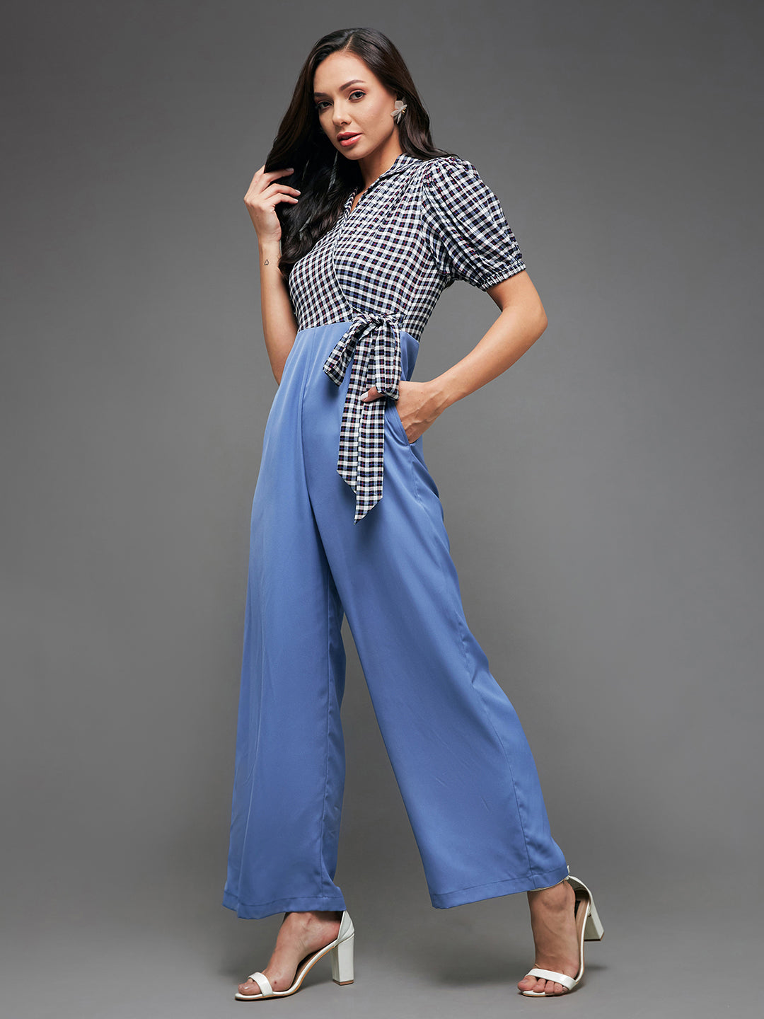 Women's Multicolored-Base-Powder Blue Notched Collared Puff Sleeve Checkered Wrap Regular Crepe Jumpsuit