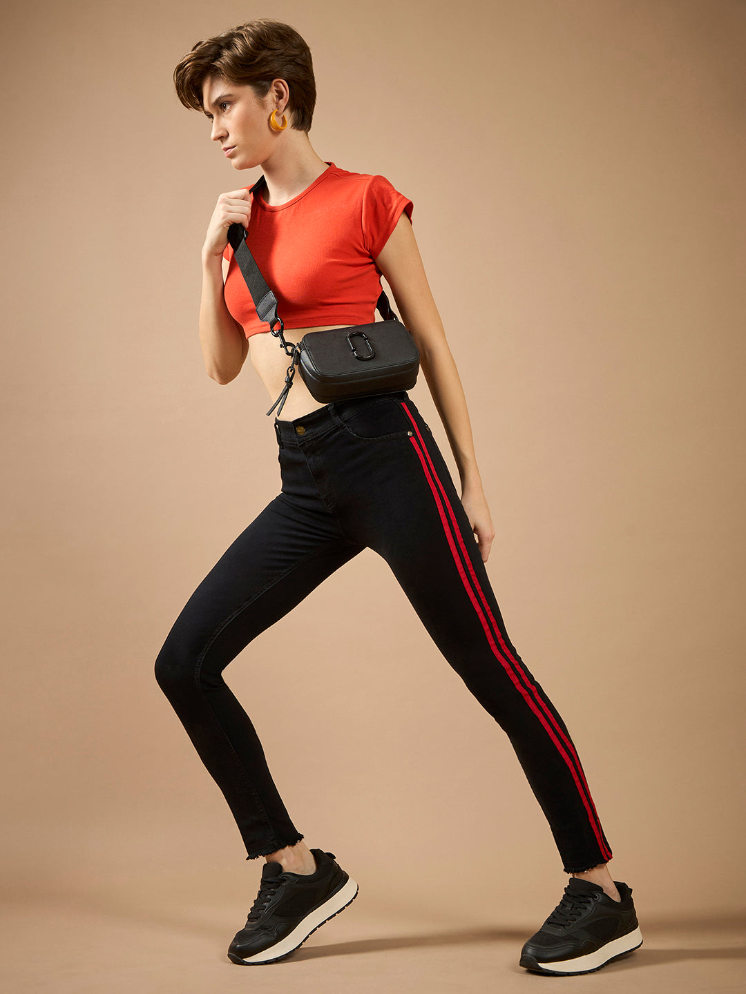 Women's Black Slim Fit High-Rise Clean-Look Regular-Length twill Tape Detailing Stretchable Denim Jeans