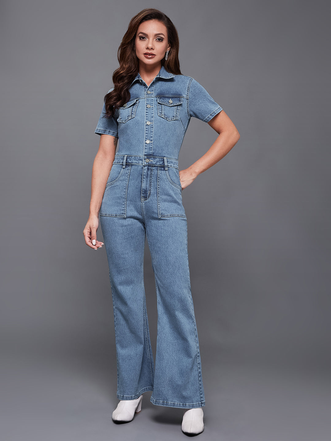 Women's Blue flared High-Rise Regular Stretchable Denim Jumpsuit