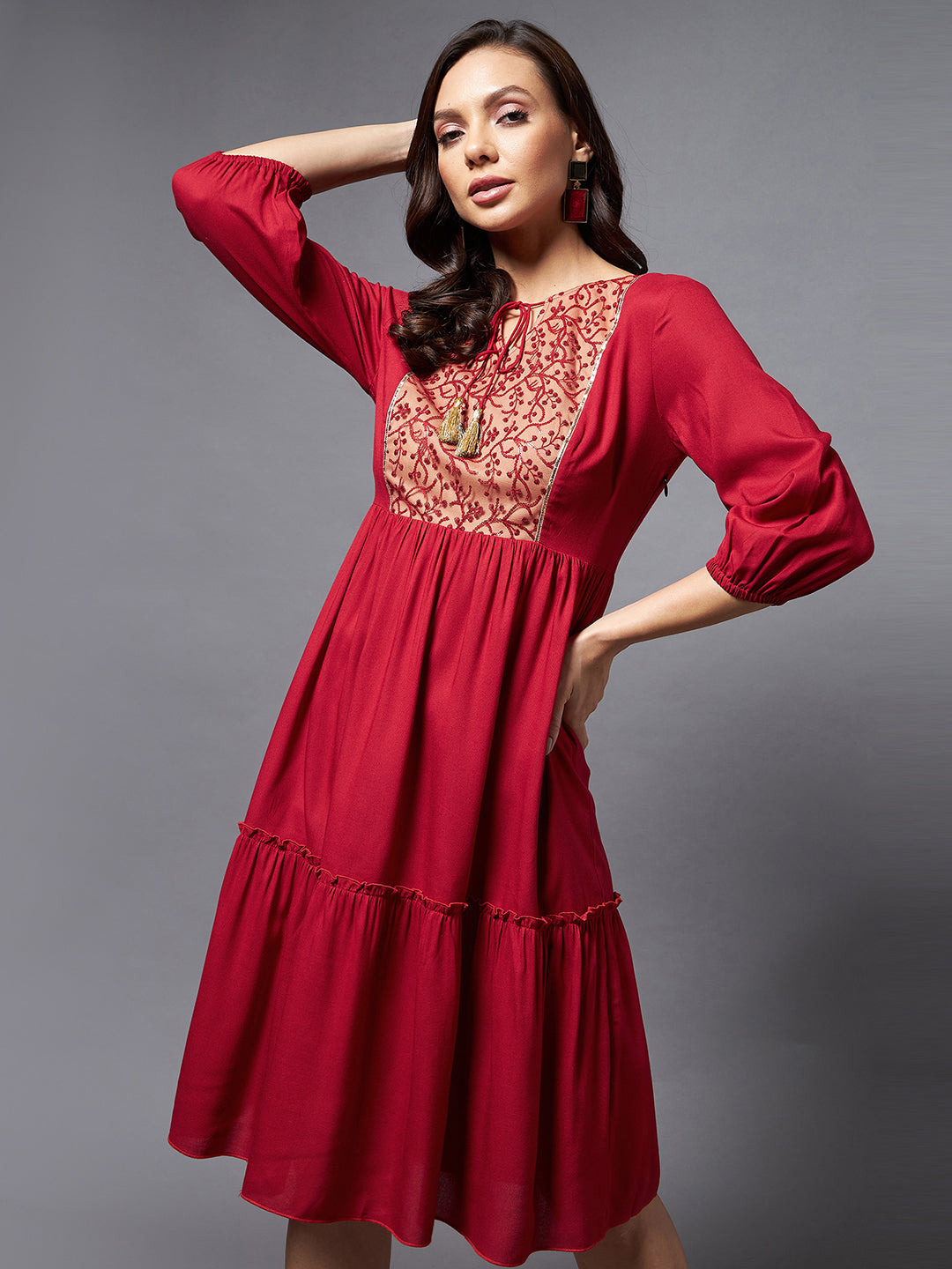 Maroon Round 3/4 Sleeve Viscose Rayon Self Design Gathered Midi Dress For Women L / Maroon