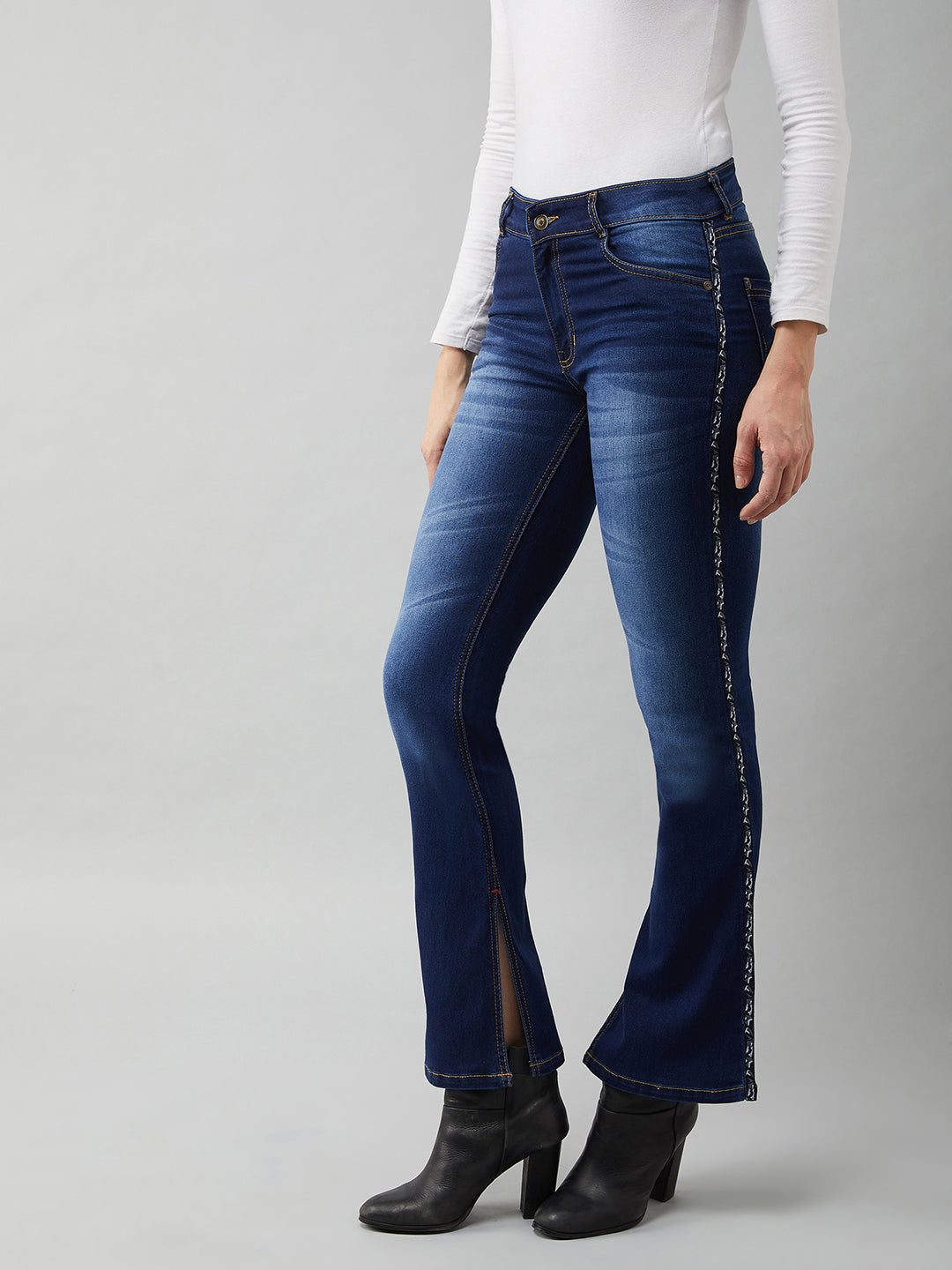 Women's Blue Cotton Bell-Bottom Bootcut Fit & Flared Mid-Rise Stretchable Denim Jeans