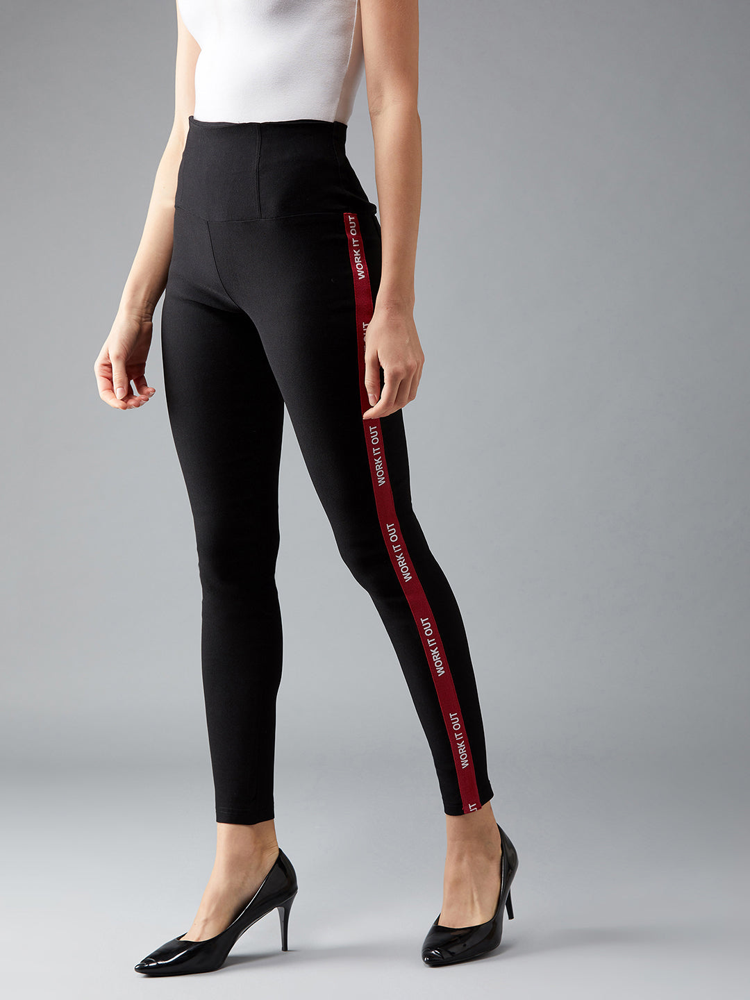 Women's Black Twill Tape Detailing Solid High-Waist Regular Length Patch Pocket Treggings