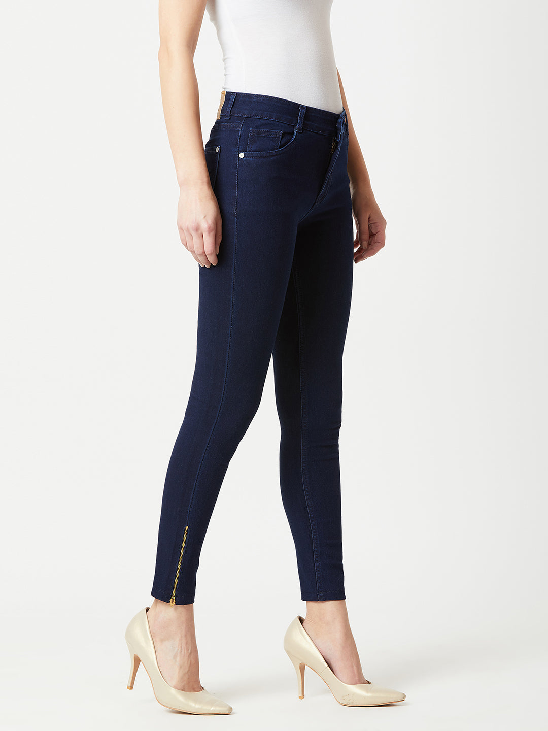 Women's Navy-Blue Skinny-Fit Mid-Rise Cropped-Length Zipper Detailing Stretchable Denim Jeans