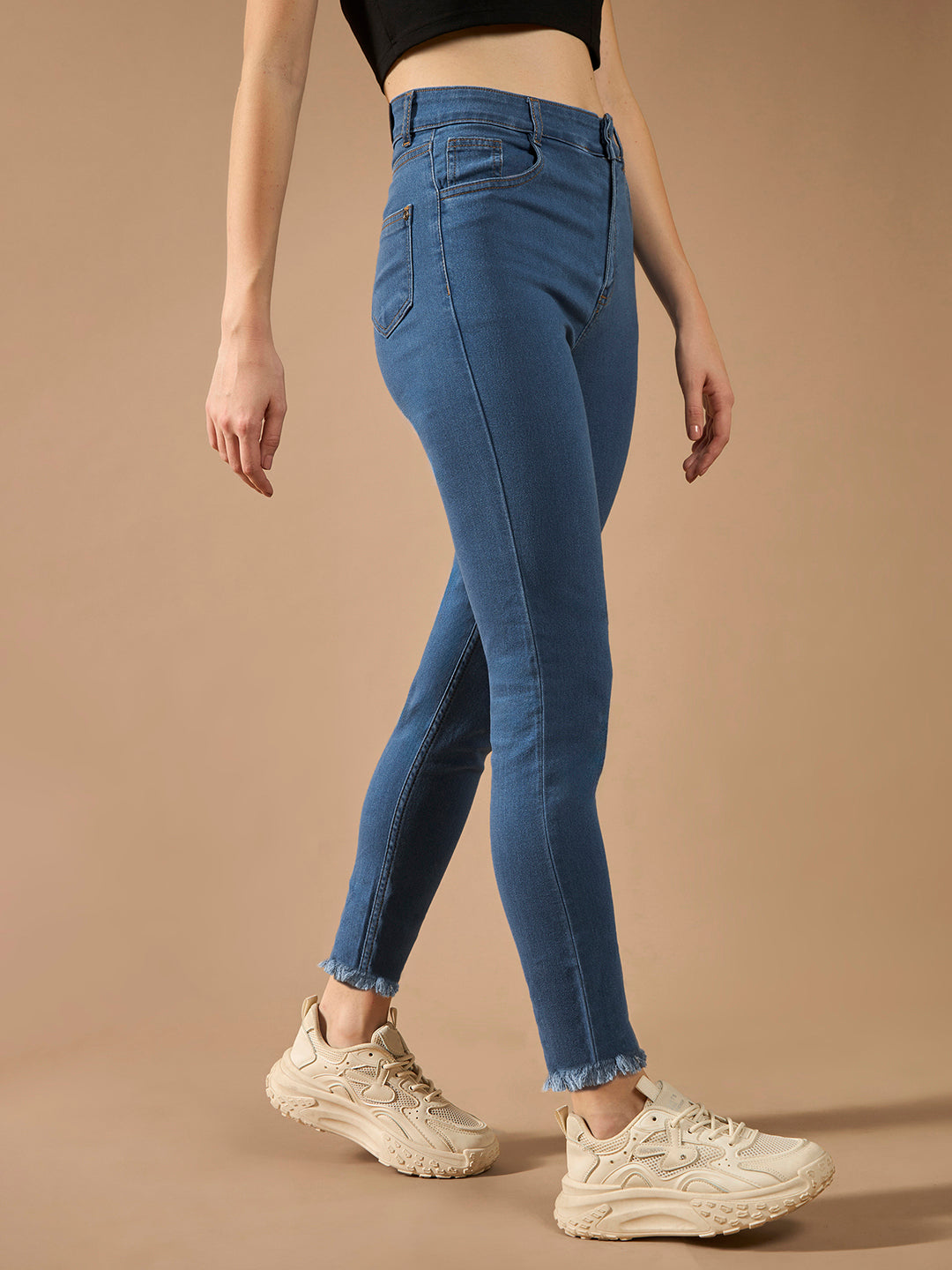 Women's Blue Skinny High-Rise Cropped-Length Fringe Detailing Stretchable Denim Jeans