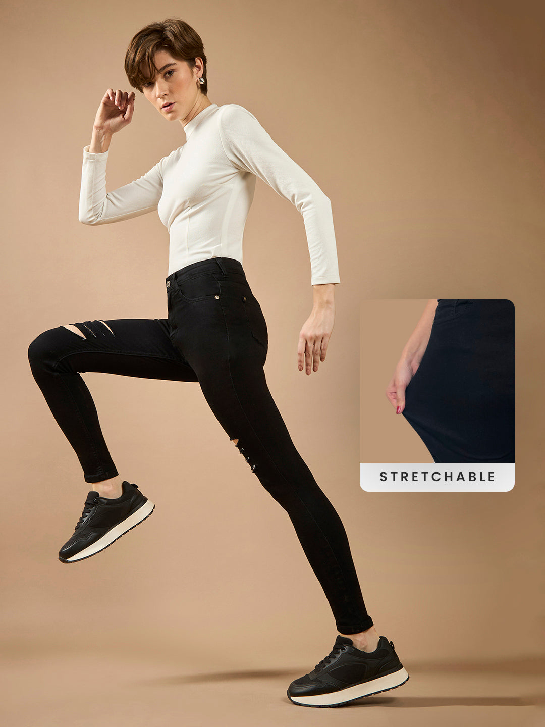 CHASEstretch™ Black Slim-Fit High-Rise Mild Distressed Ripped Denim Jeans