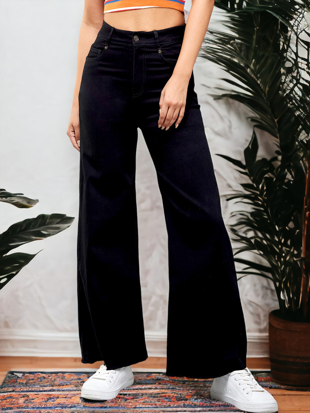 24/7 Comfort Black High-Rise Stretchable Wide-Leg Denim Jeans for Women