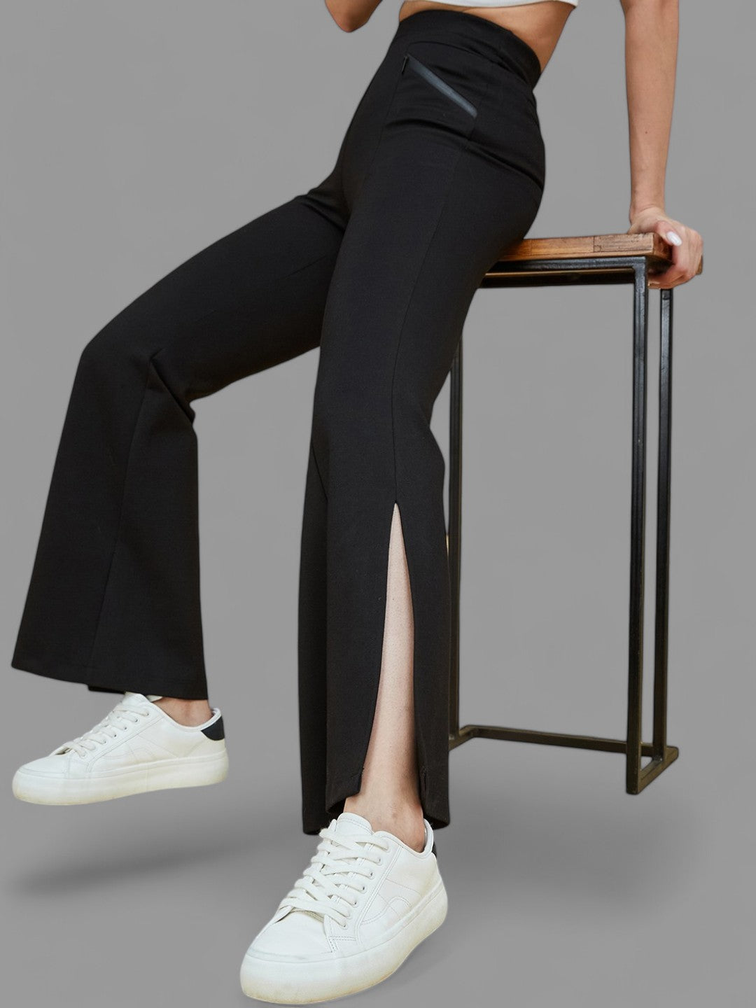 Women's Black Viscose Solid Side Slit Bootcut Regular Trousers