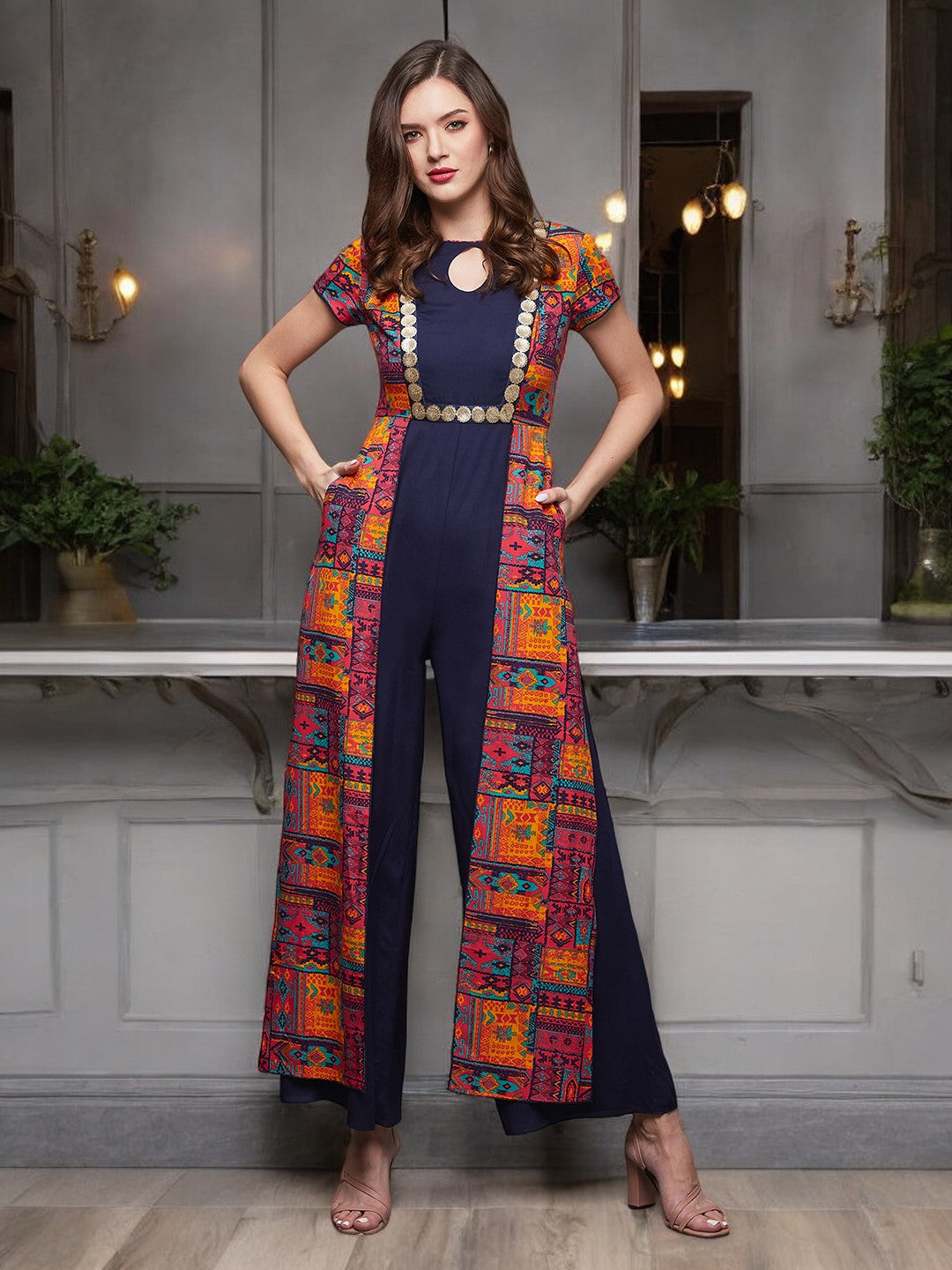 Women's Multicolor Navy Blue Keyhole Neck Bohemian Paneled Jumpsuit