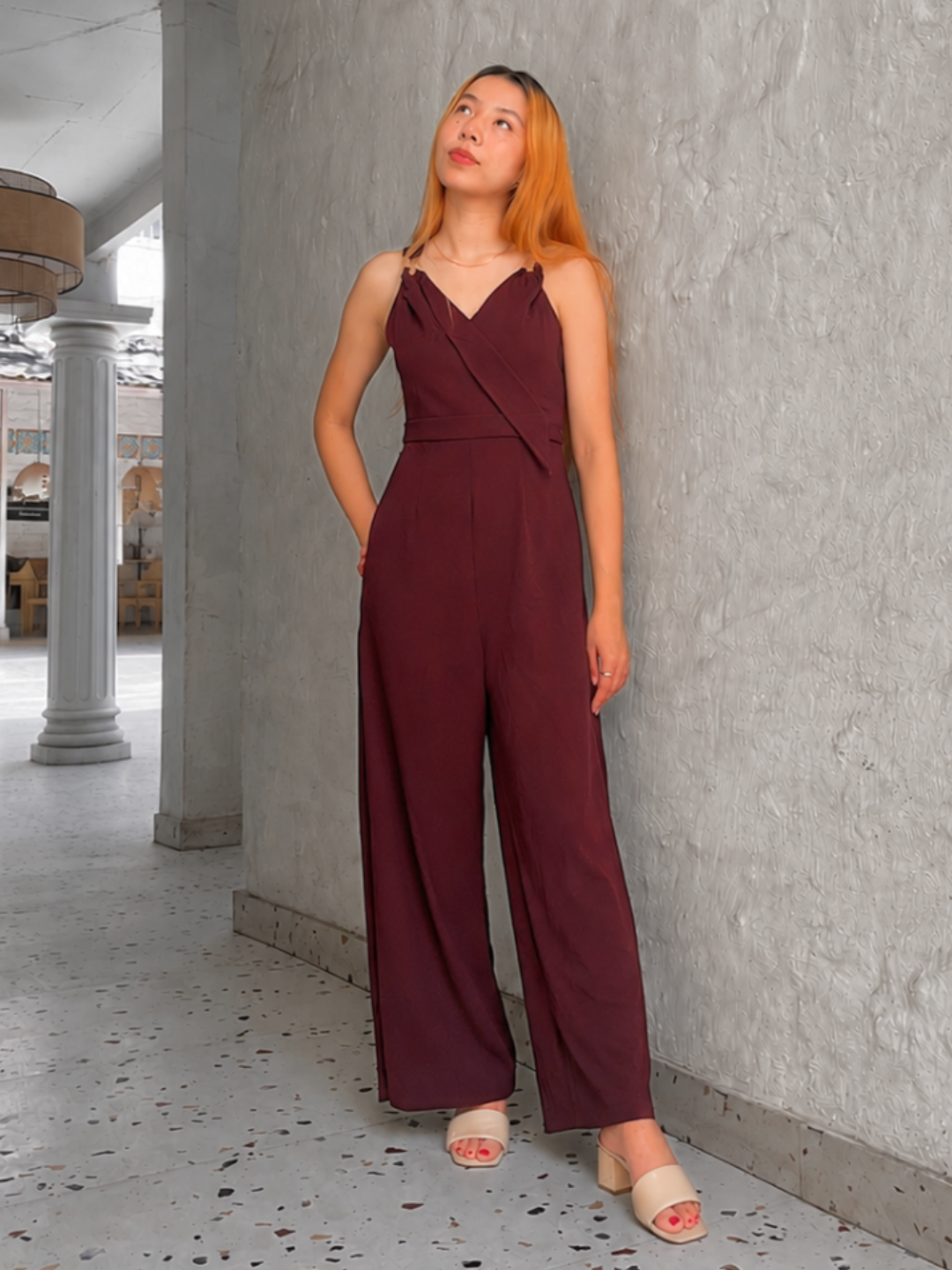 Wine V-Neck Sleeveless Solid Wrap Regular Jumpsuit for Women