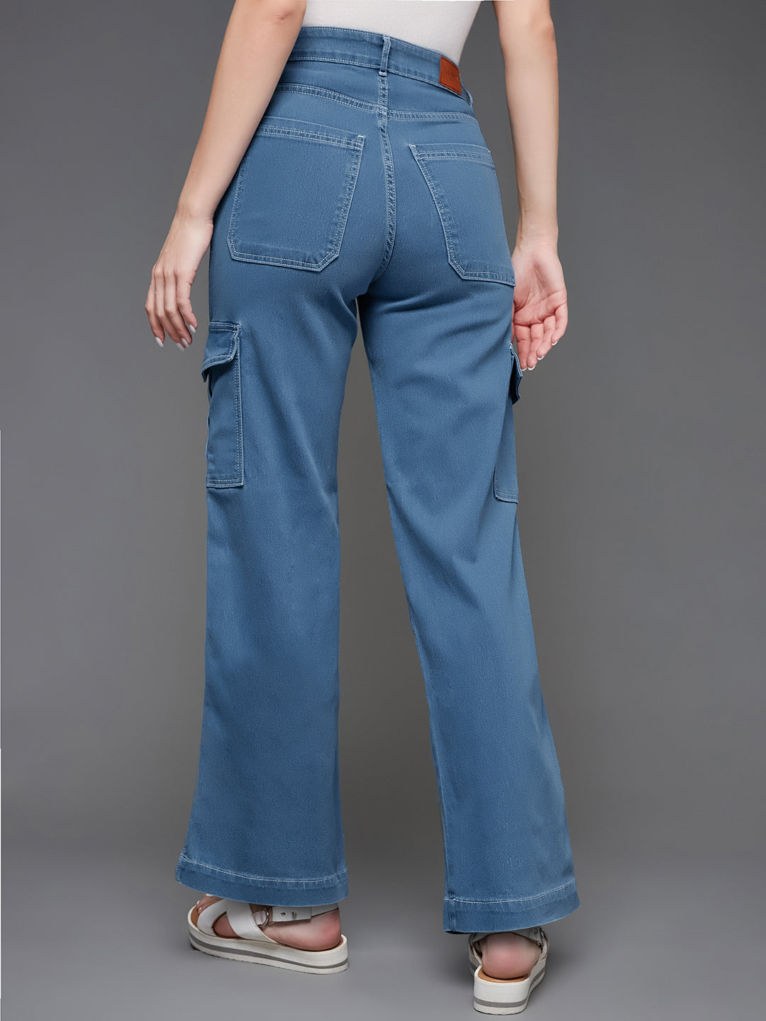 24/7 Comfort Blue Wide-Leg Cargo High-Rise Stretchable Denim Jeans