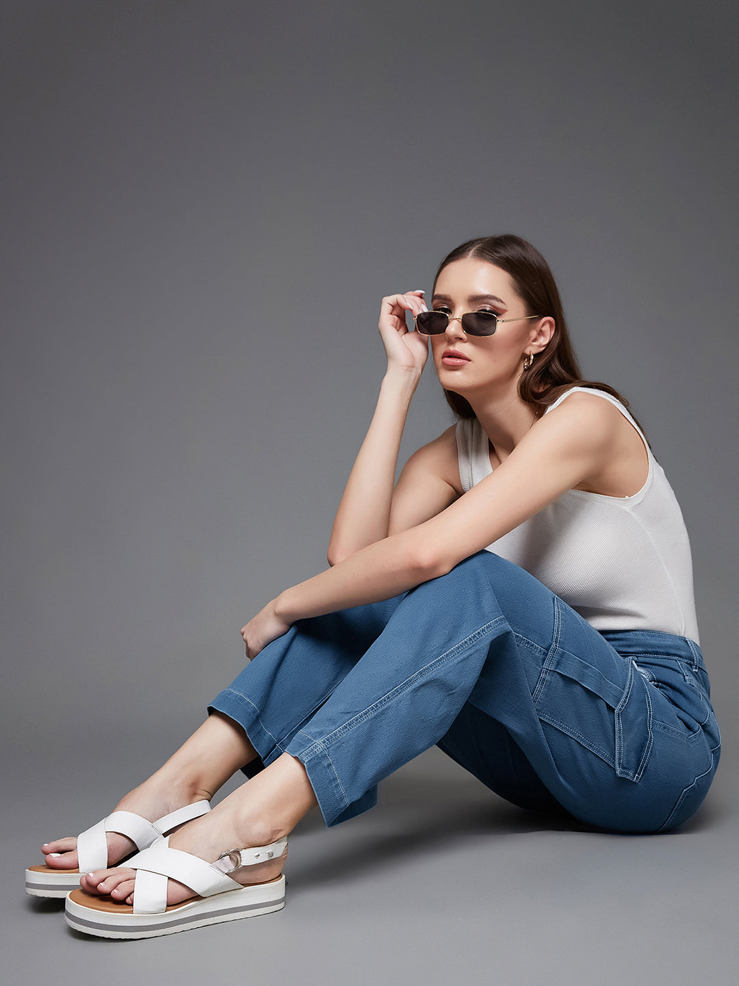 24/7 Comfort Blue Wide-Leg Cargo High-Rise Stretchable Denim Jeans