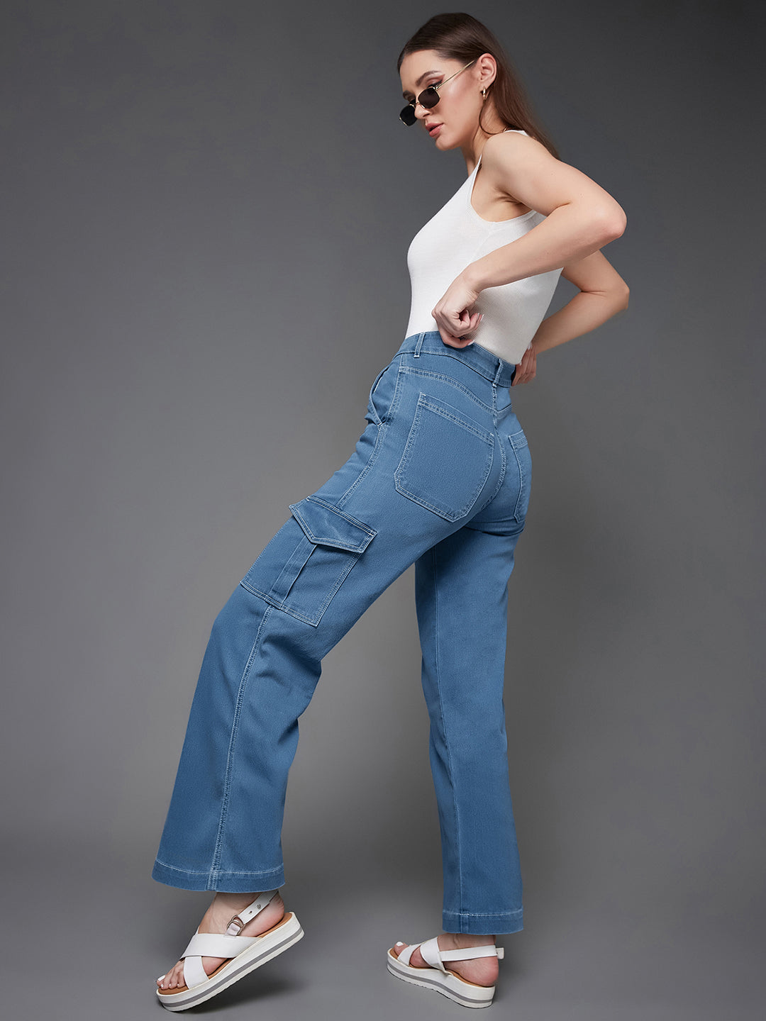 24/7 Comfort Blue Wide-Leg Cargo High-Rise Stretchable Denim Jeans