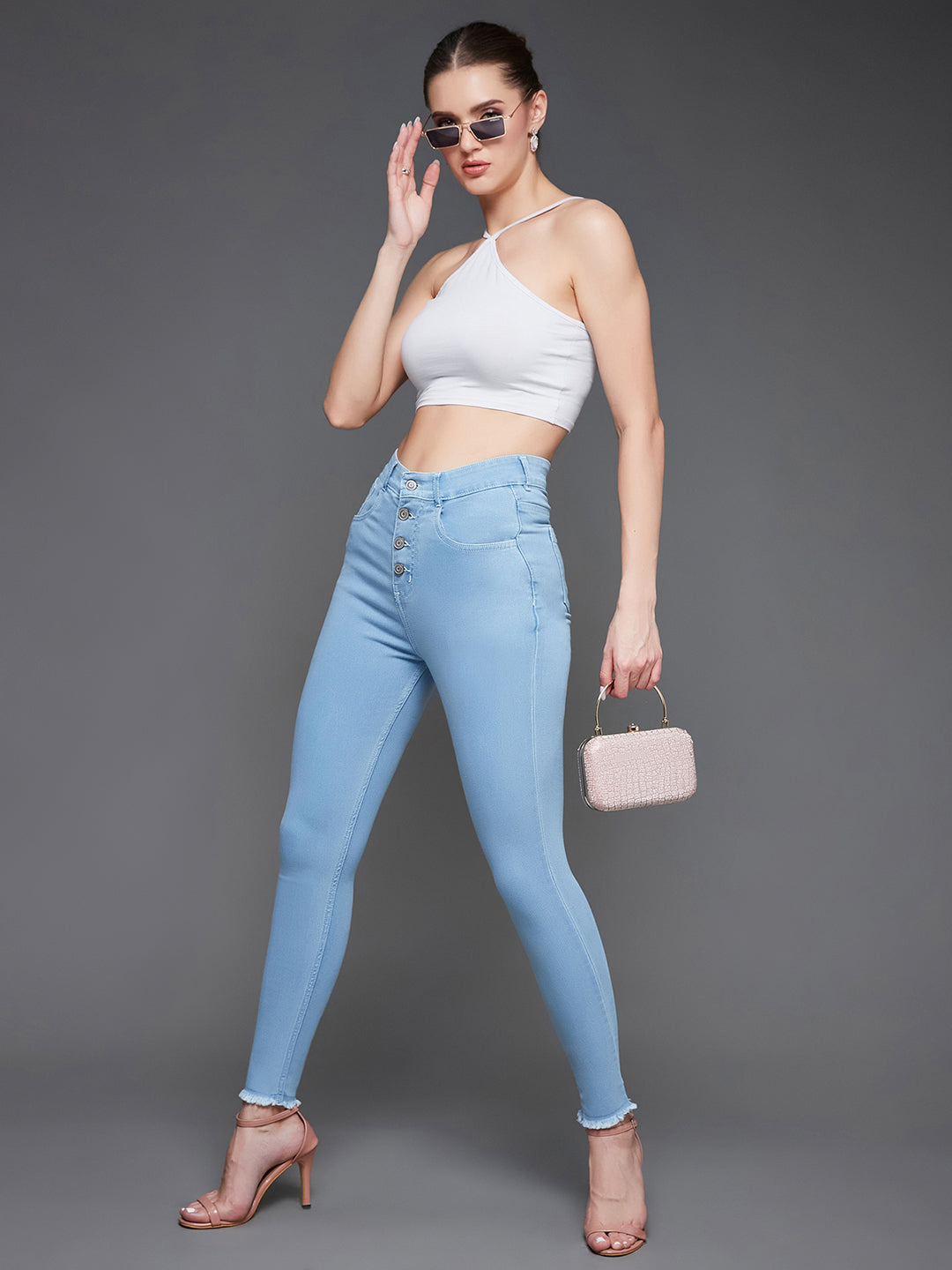 24/7 Comfort Light Blue Skinny High-Rise Clean-Look Fringed Hemline Cropped Acid Wash Solid Stretchable Denim Jeans