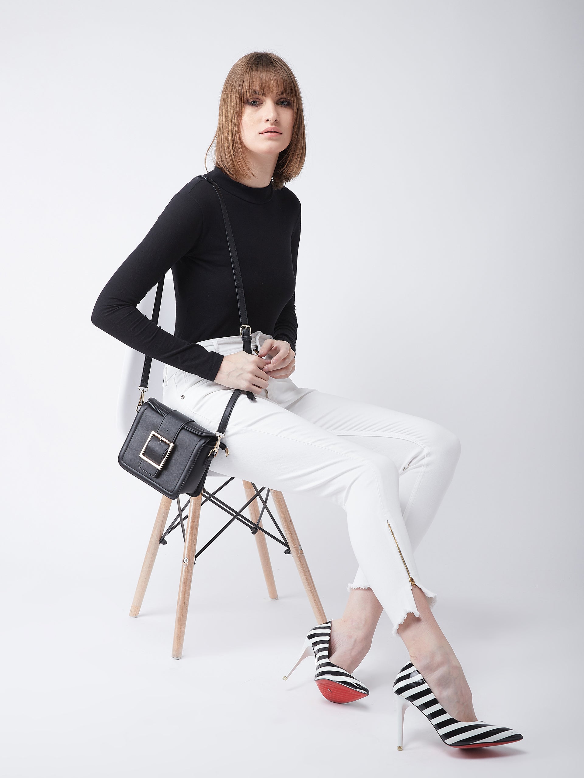 Women's White Skinny-Fit High-Rise Side-Slit Raw Edge Detailing Clean-Look Cropped Stretchable Denim Jeans