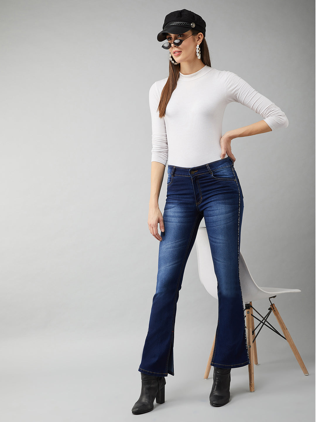 Women's Blue Cotton Bell-Bottom Bootcut Fit & Flared Mid-Rise Stretchable Denim Jeans