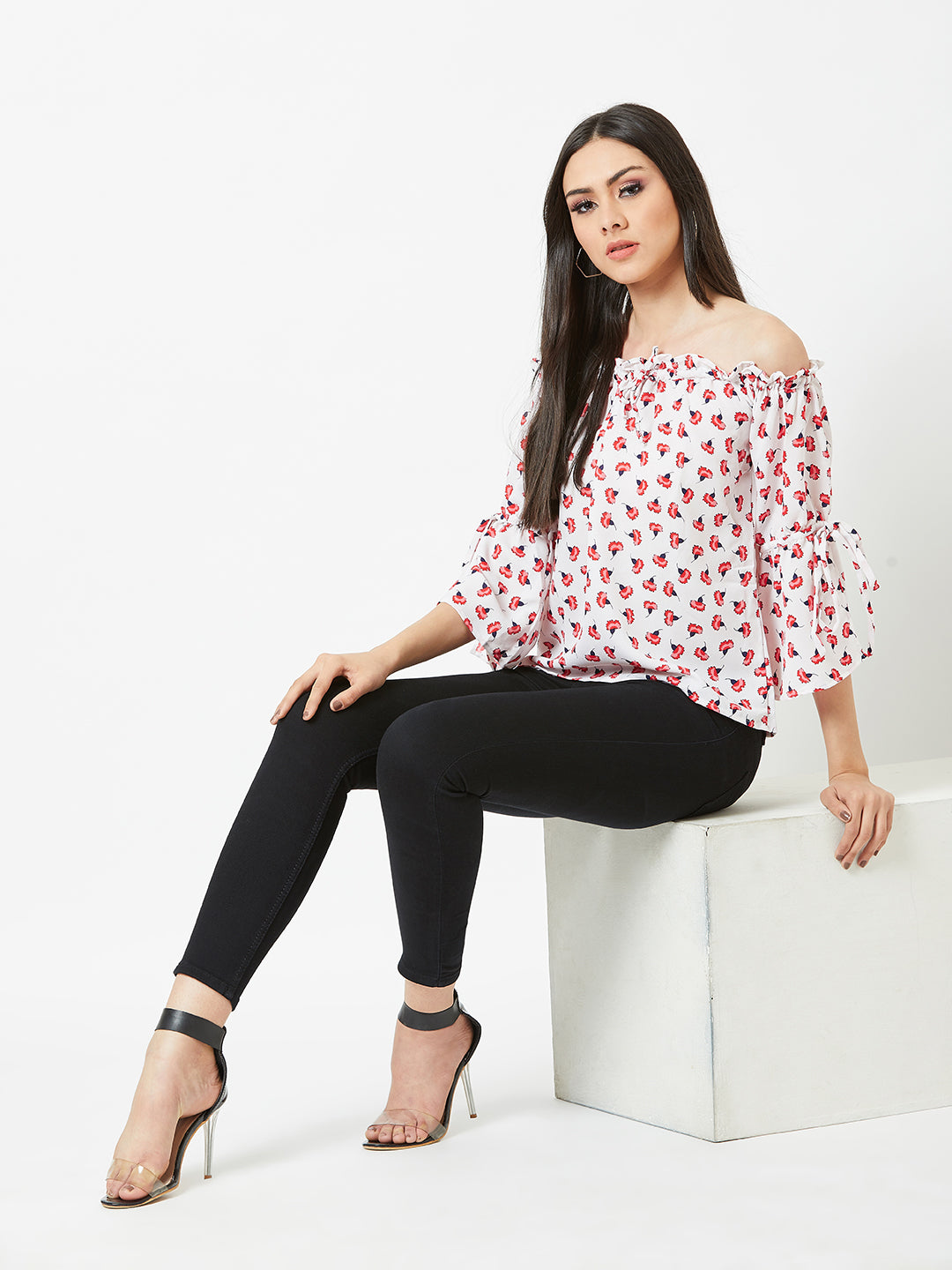 Women's Multicolored Gathered Printed Off-Shoulder 3/4 Sleeve Printed Boxy Bardot Top