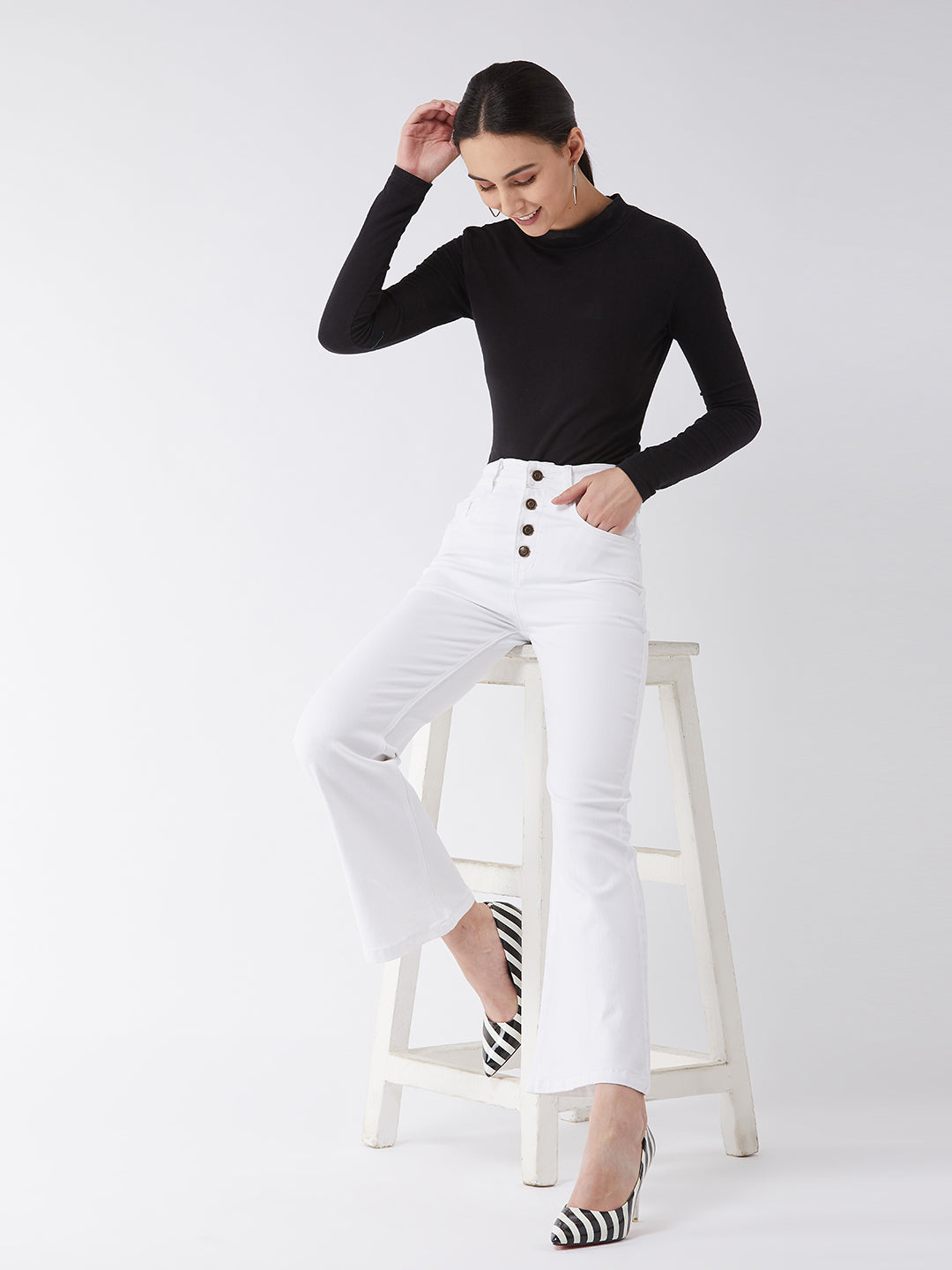 24/7 Comfort White Bell-Bottom Bootcut Hourglass High-Rise Stretchable Denim Jeans
