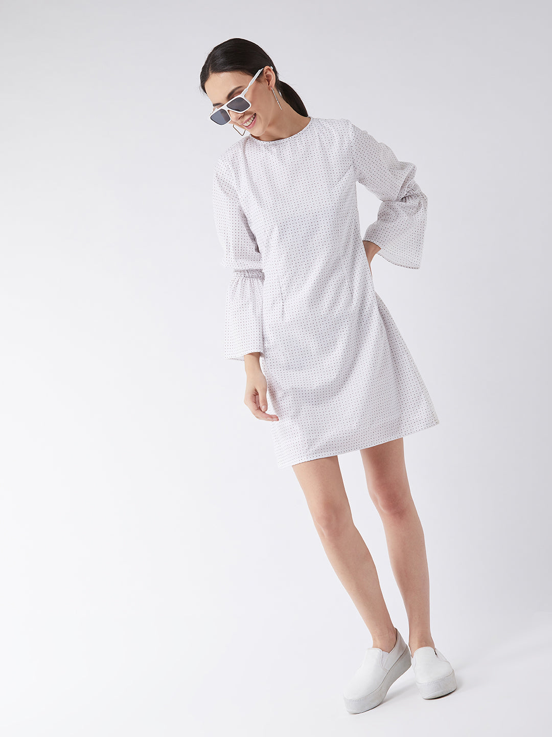 Women's Multicolored with Base White Round Neck Full Sleeve Cotton Geometric Print Smocked Detailing Knee-Long Dress