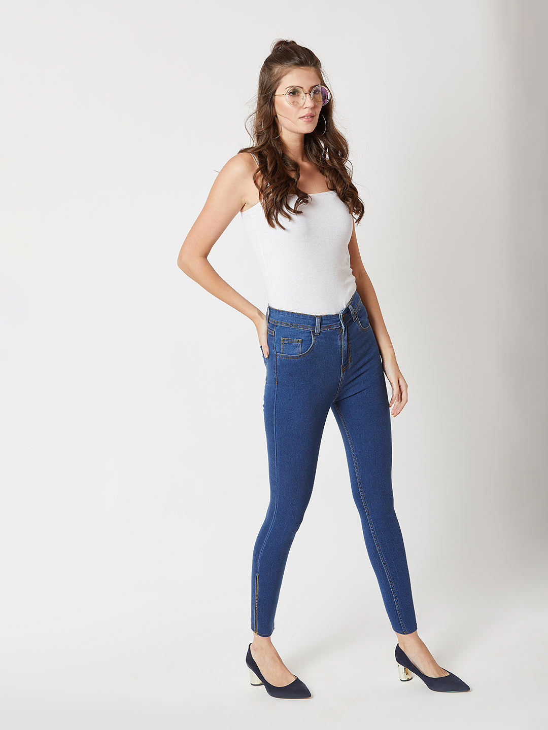 Women's Blue Skinny High-Rise Distressed Cropped Denim Jeans