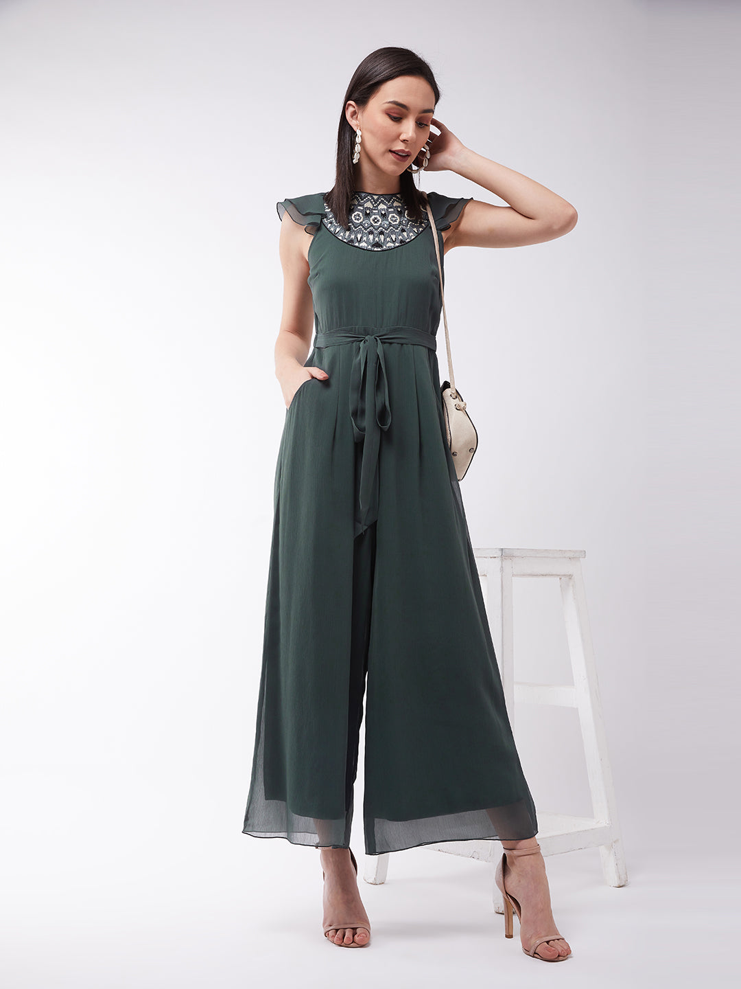 Women's Dark Green Round Neck Ruffled Sleeve Solid Embroidered Regular Jumpsuit