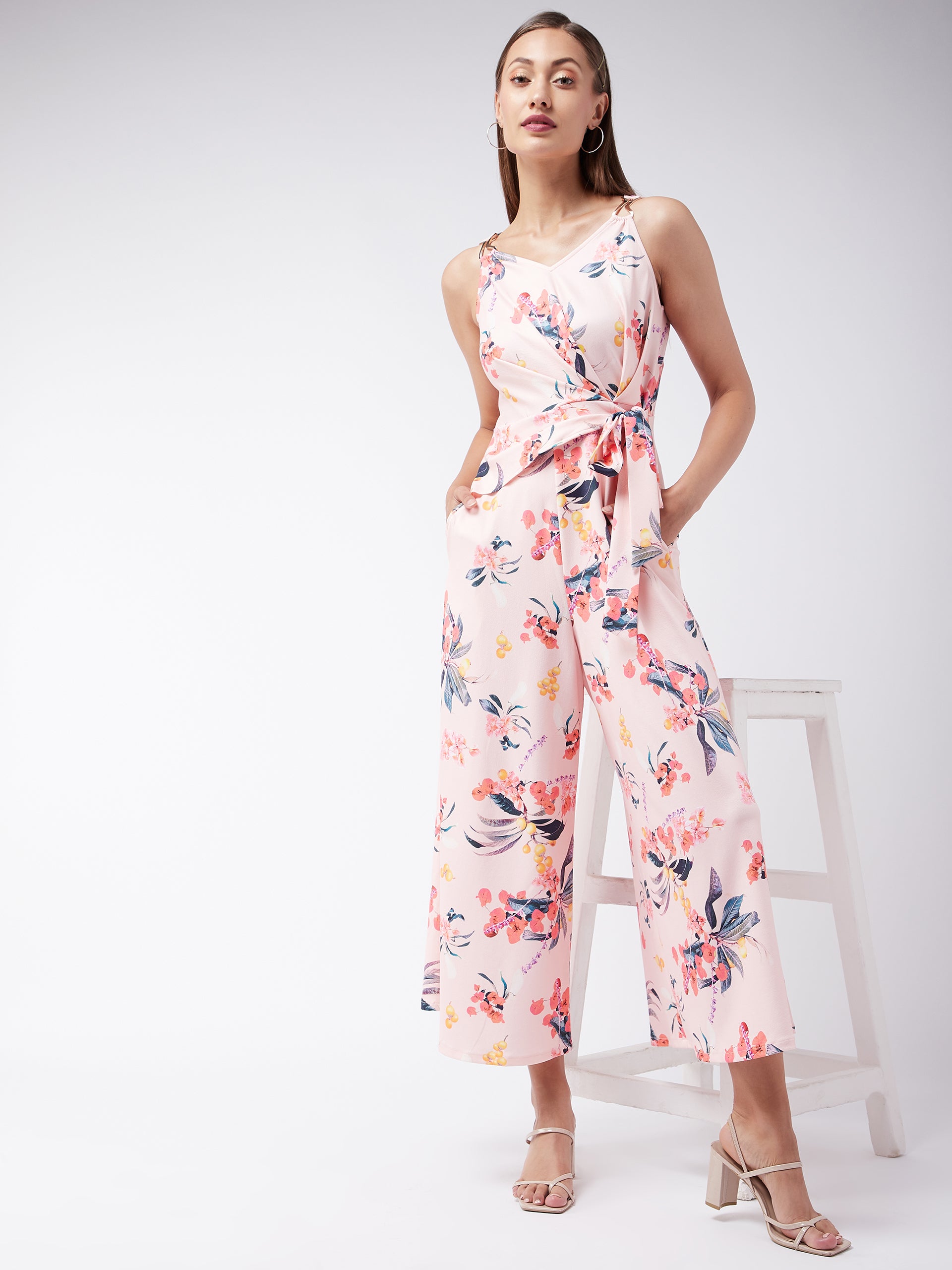 Crease Ease Women's Multicolored-Base-Peach V-Neck Sleeveless Floral Wrap/Wide-Leg Regular Jumpsuit