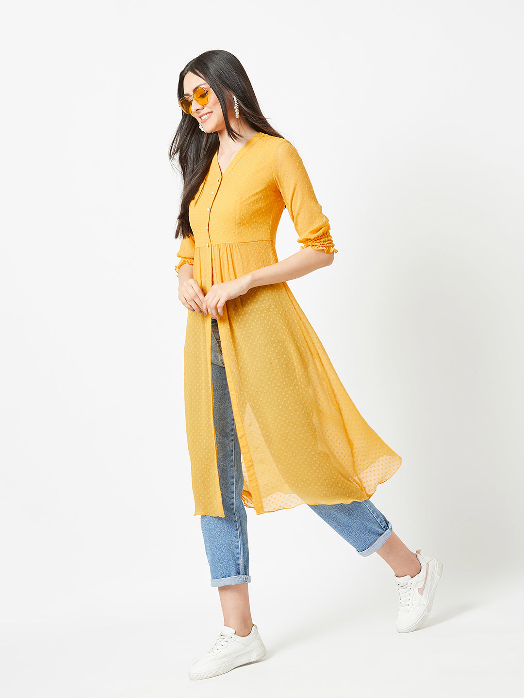 Women's Mustard Yellow V-Neck 3/4 Sleeves solid empire Maxi Top