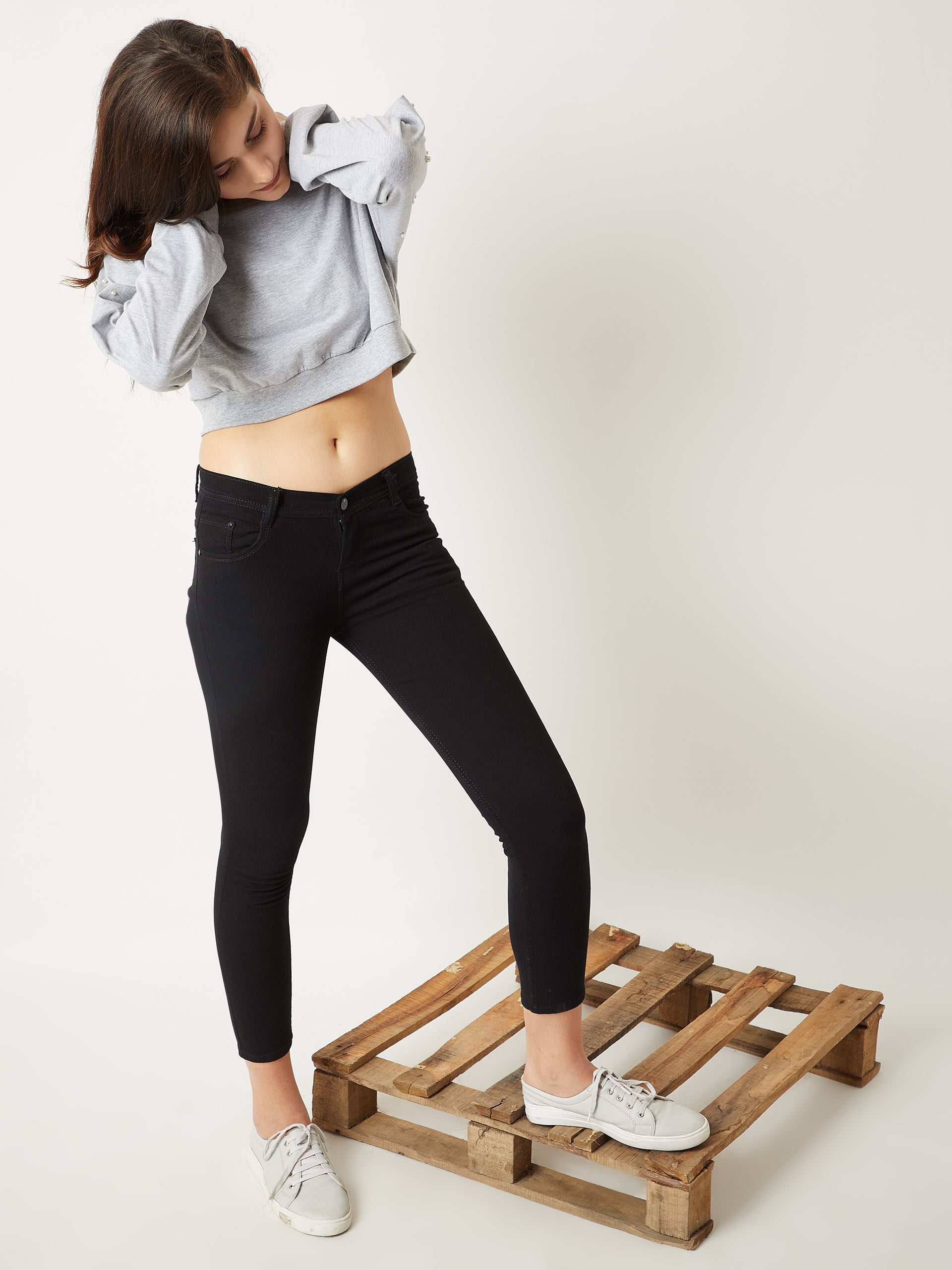 Women's Grey Round Neck Full Sleeve Cotton Solid Pearl Detailing Boxy Crop Top