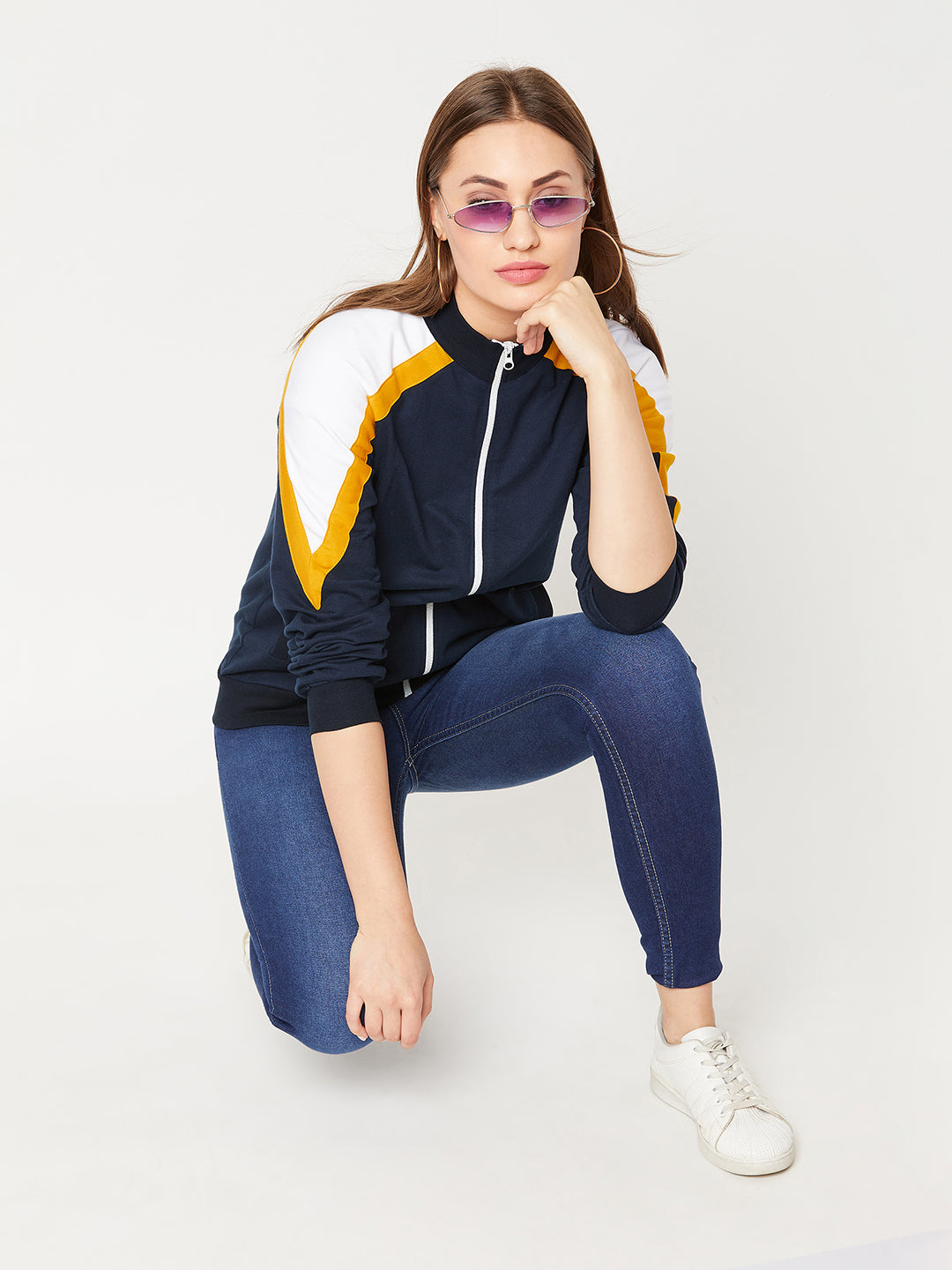 Women's Multicolored-Base-Navy Blue Turtle-neck Full sleeves Solid Color-Block Regular length Jacket