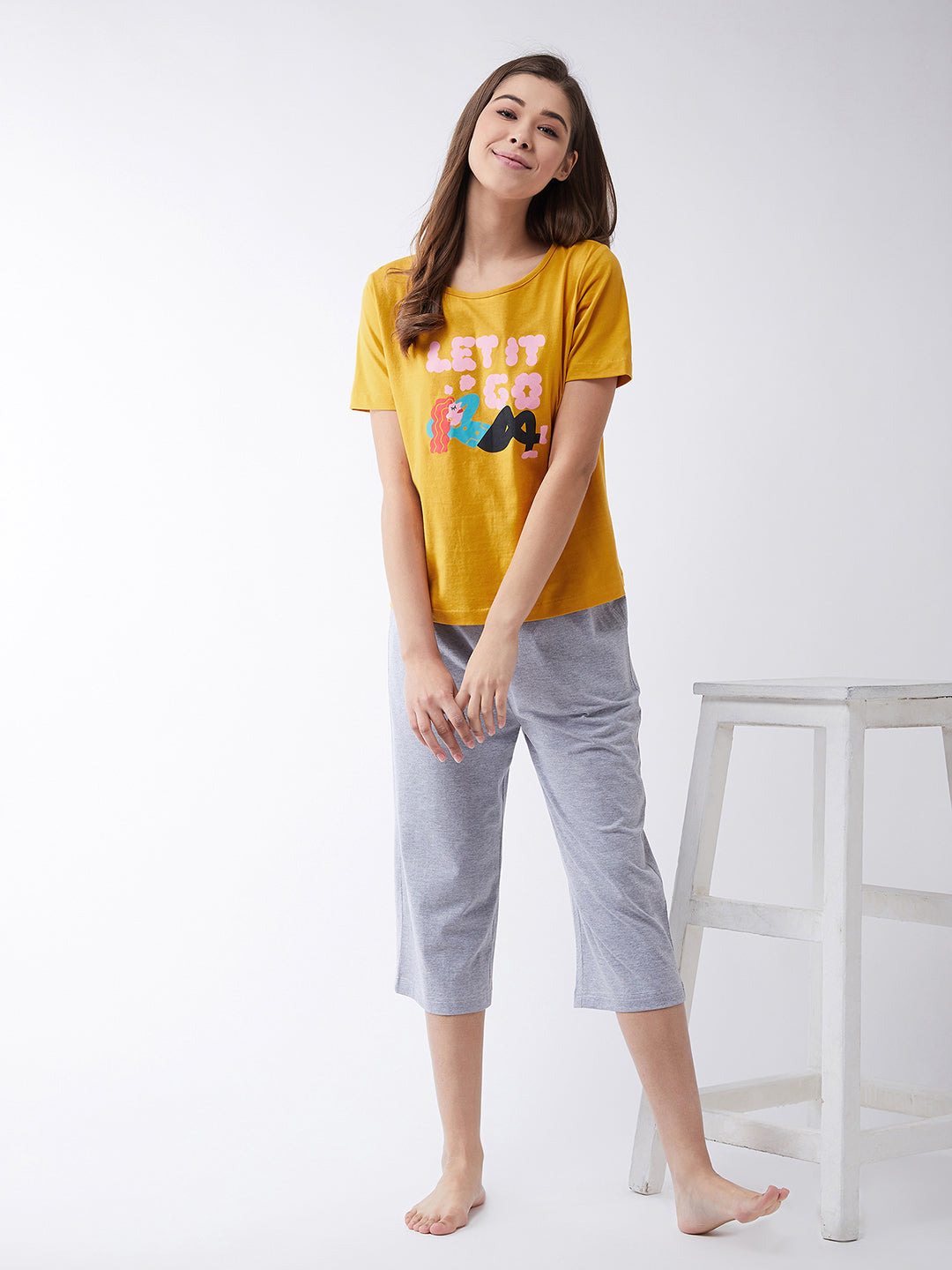 Women's Mustard Yellow and Charcoal Gray Round Neck Short Sleeves Regular length Top & Capri Set